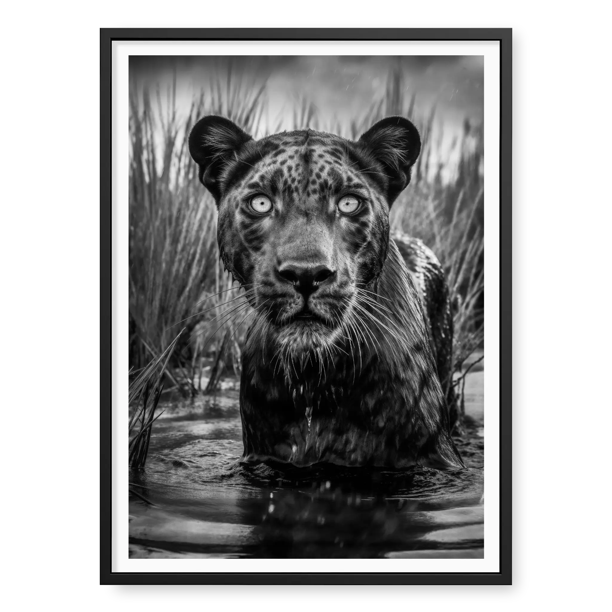 Portrait of a black panther wading in water with chest visible and reeds in the background, black and white art print titled Shuri in black frame