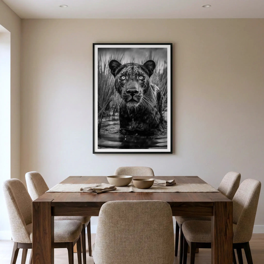 Framed black and white wildlife art print with panther wading in water, titled Shuri displayed in dining room