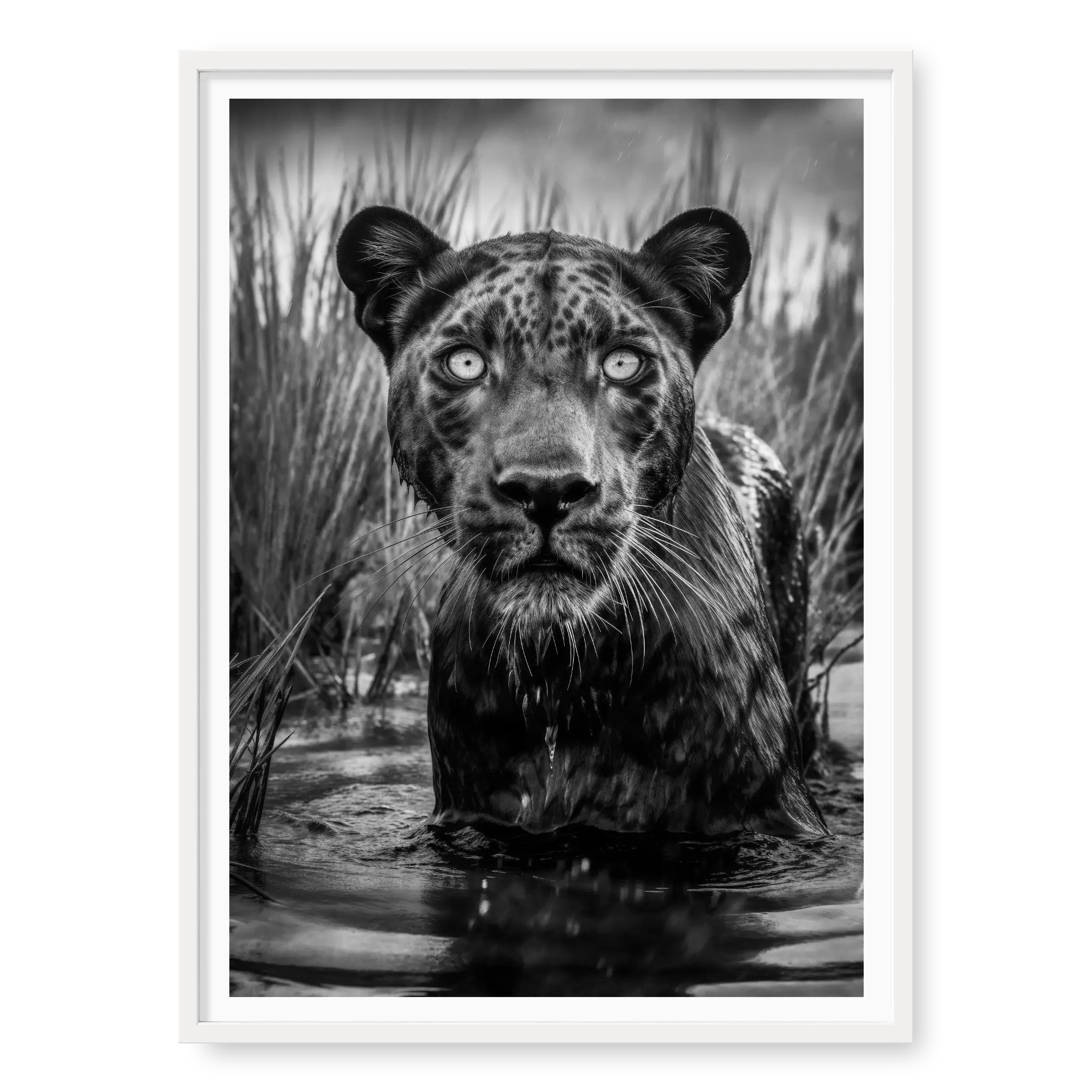Portrait of a black panther wading in water with chest visible and reeds in the background, black and white art print titled Shuri in white frame