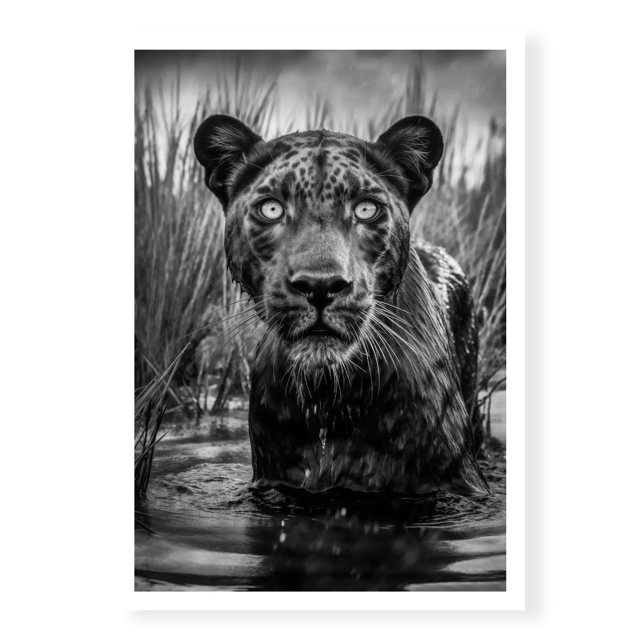 Portrait of a black panther wading in water with chest visible and reeds in the background, black and white art print titled Shuri