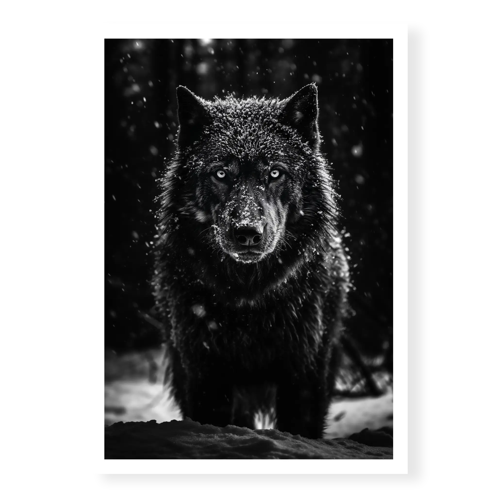 Front-facing portrait of a black wolf standing in deep snow with snowflakes falling on its dark fur, black and white art print titled Solitarius Lupus