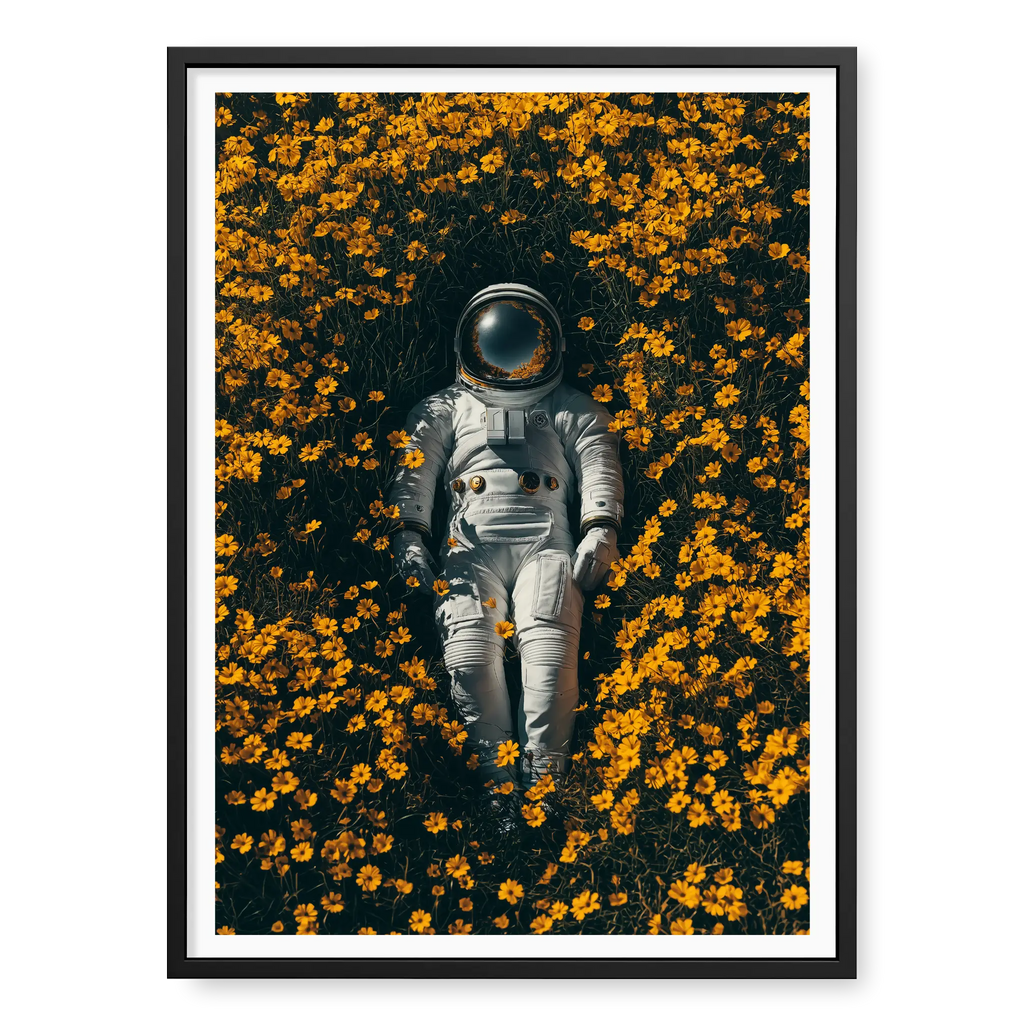 Top-down view of an astronaut in a white space suit lying on their back surrounded by a dense field of yellow flowers, art print titled Summer of 69 in black frame