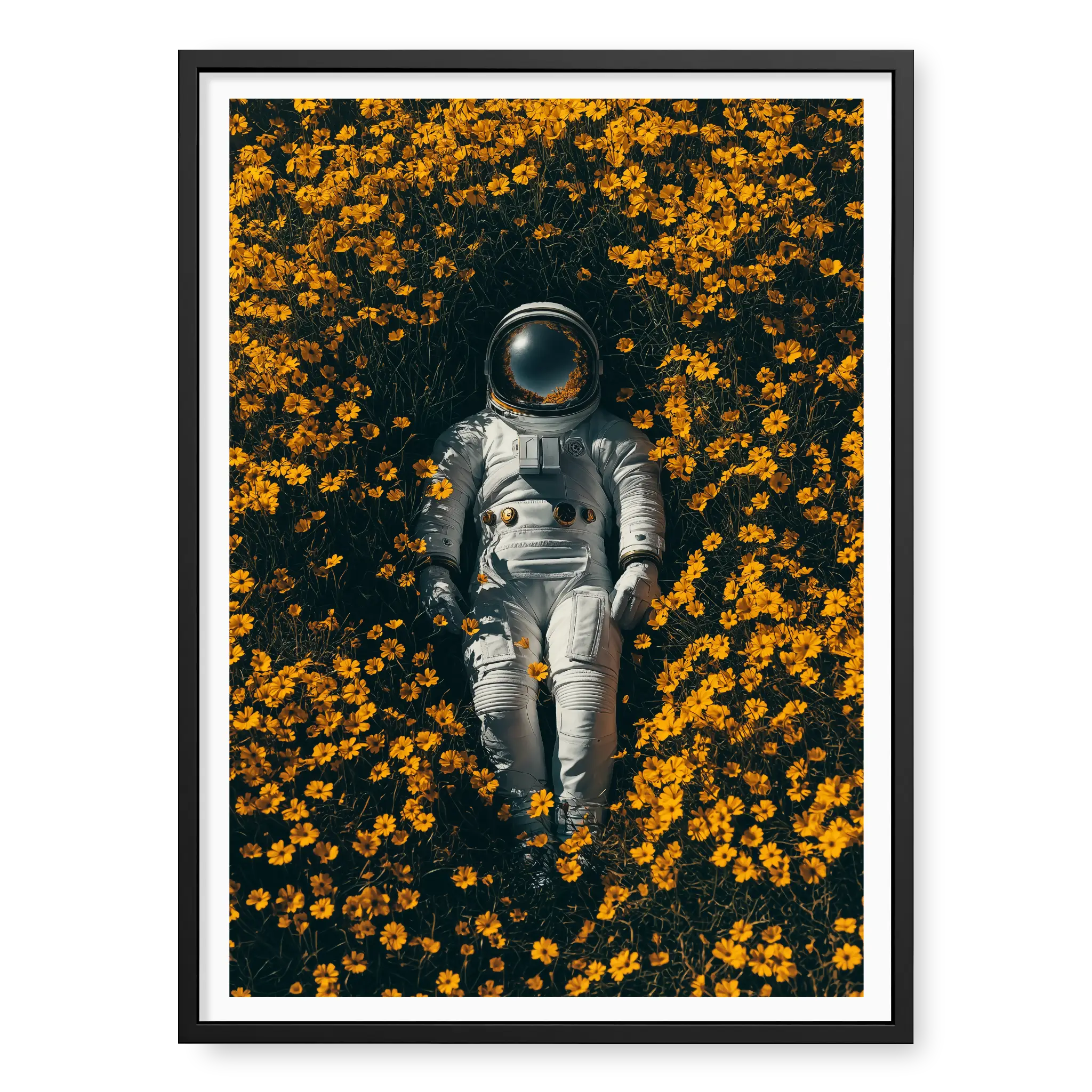 Top-down view of an astronaut in a white space suit lying on their back surrounded by a dense field of yellow flowers, art print titled Summer of 69 in black frame