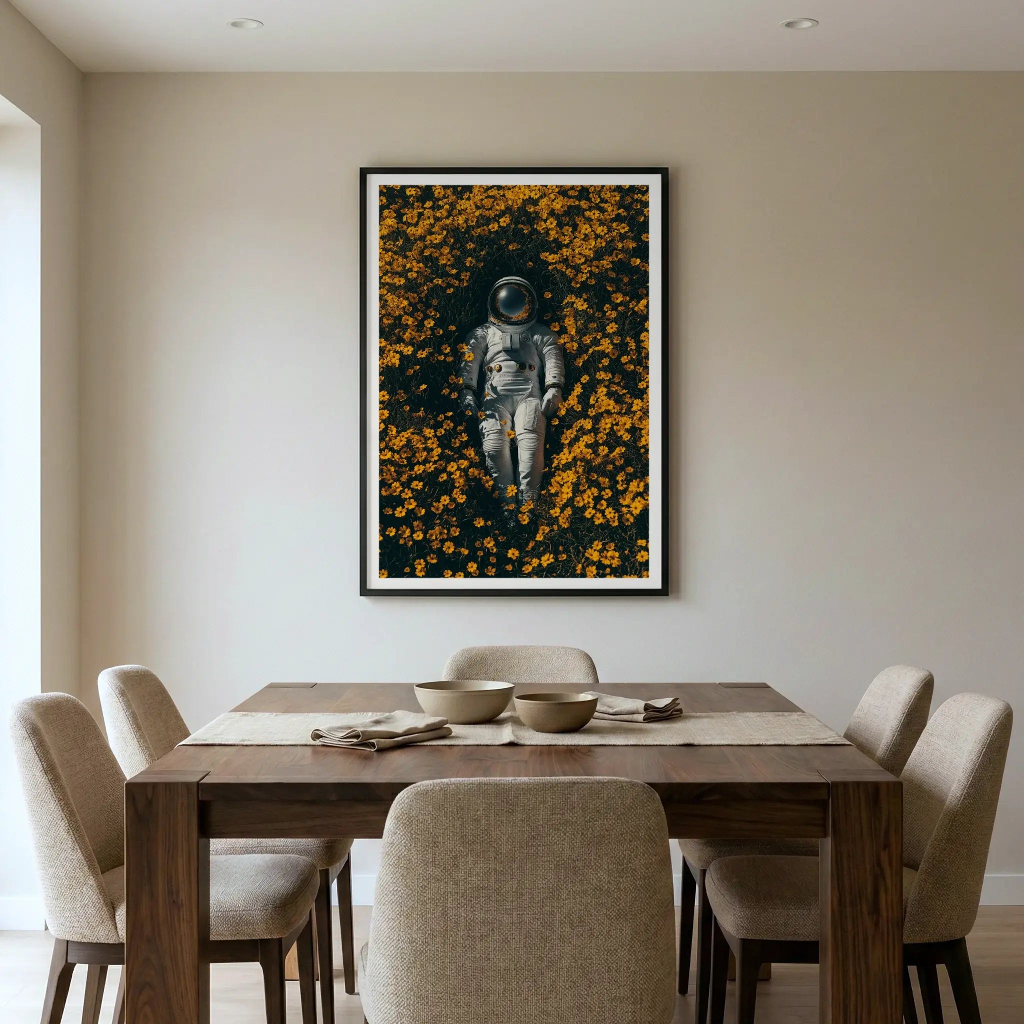 Framed surreal art print with astronaut in yellow flowers, titled Summer of 69 displayed in dining room