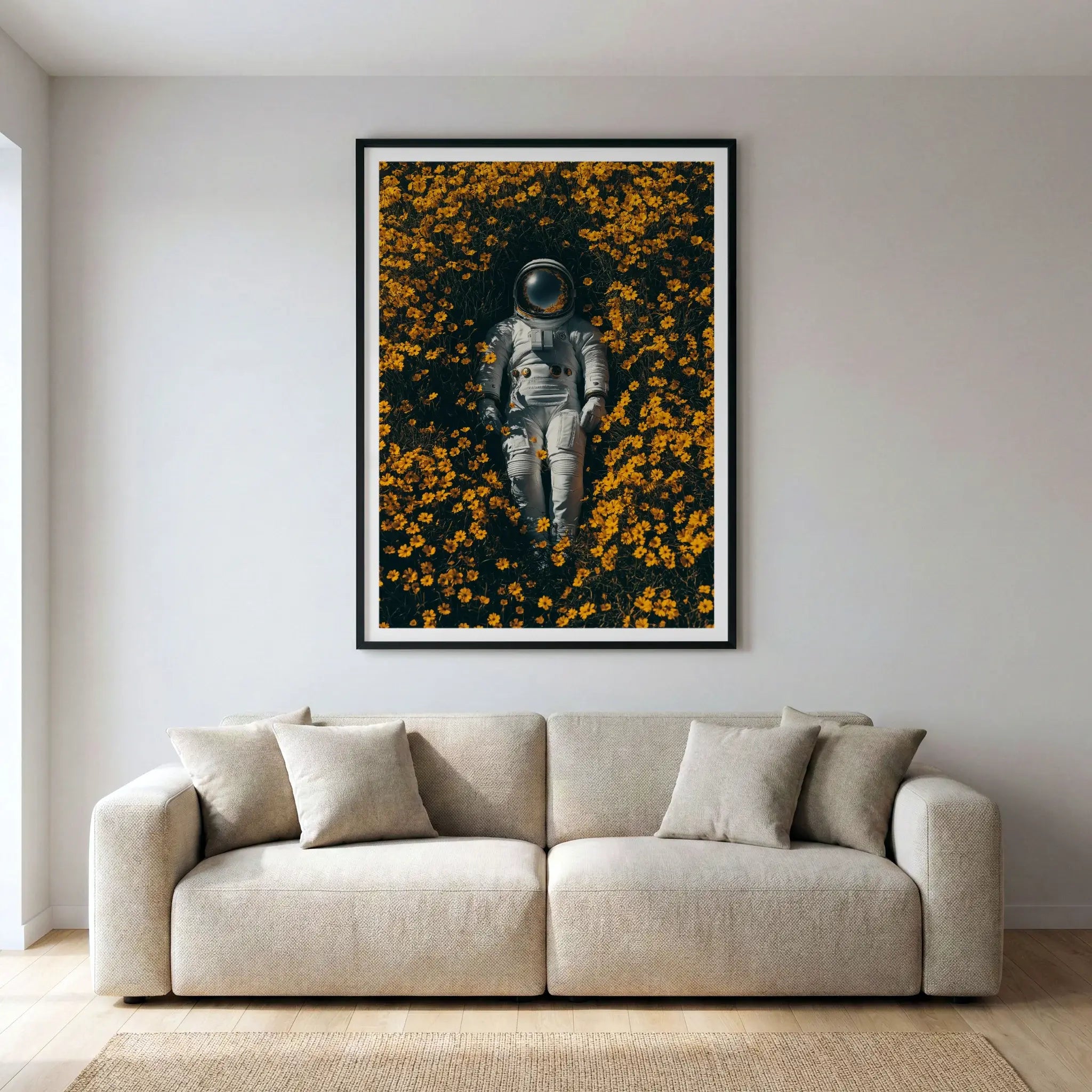 Framed surreal art print with astronaut in yellow flowers, titled Summer of 69 displayed in living room