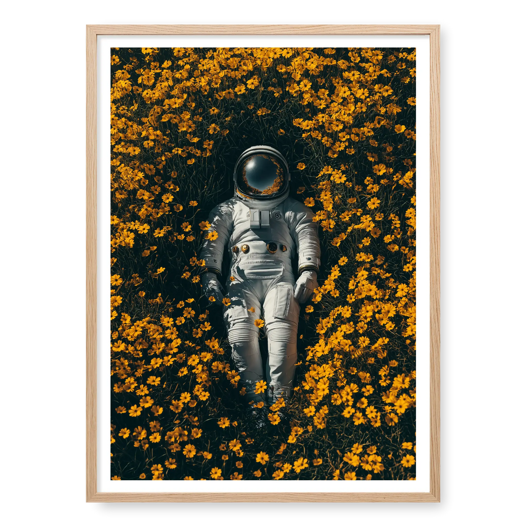 Top-down view of an astronaut in a white space suit lying on their back surrounded by a dense field of yellow flowers, art print titled Summer of 69 in natural oak frame