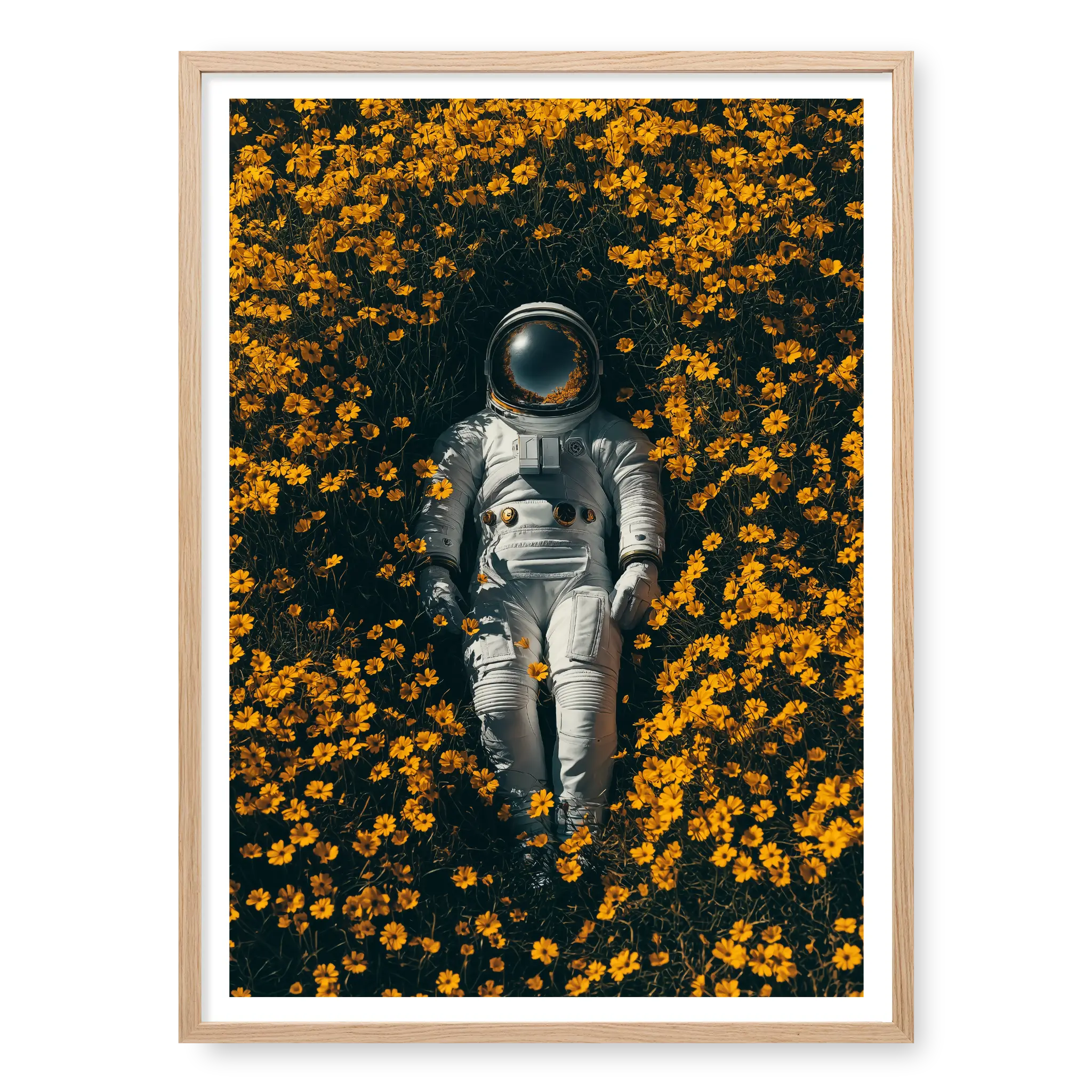 Top-down view of an astronaut in a white space suit lying on their back surrounded by a dense field of yellow flowers, art print titled Summer of 69 in natural oak frame
