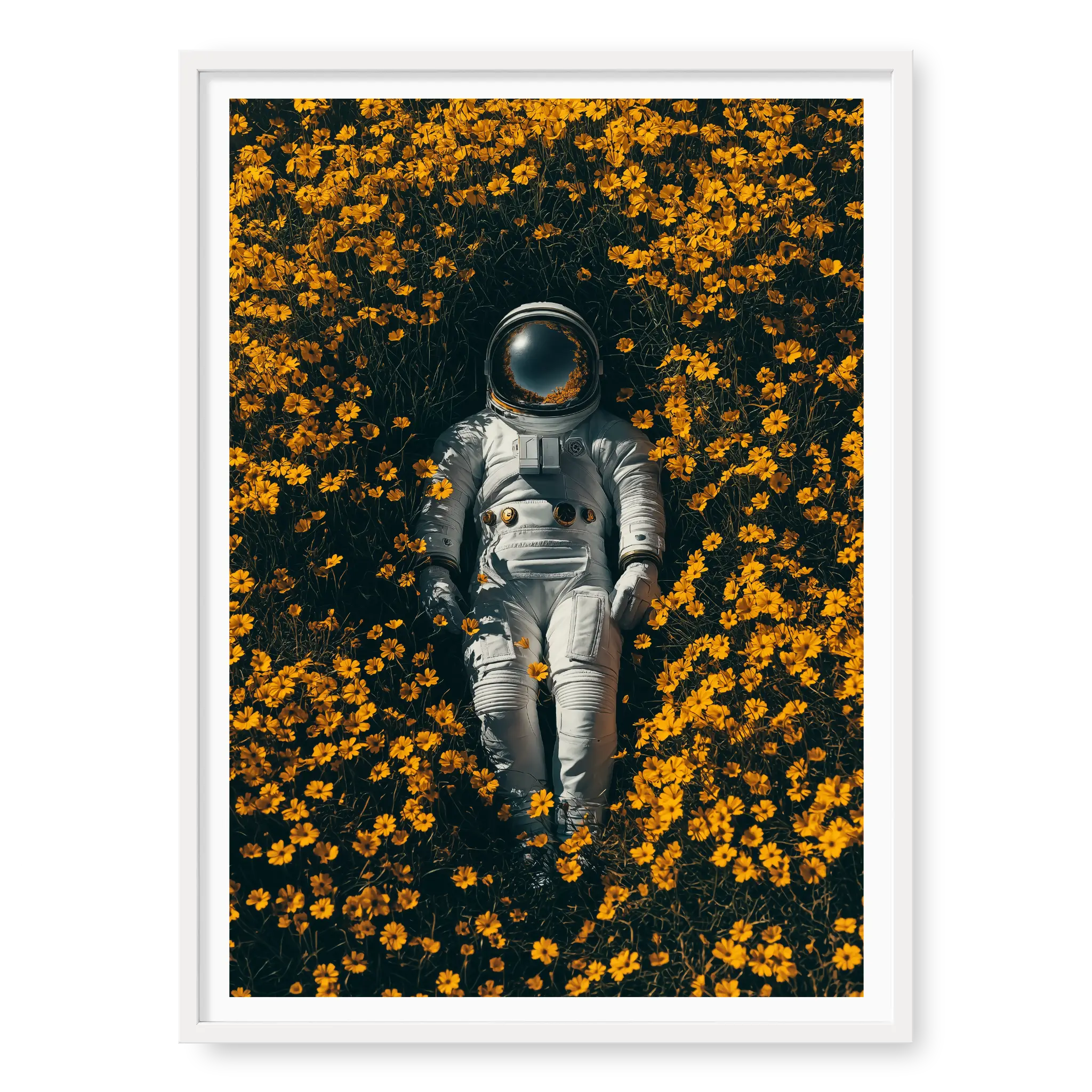 Top-down view of an astronaut in a white space suit lying on their back surrounded by a dense field of yellow flowers, art print titled Summer of 69 in white frame
