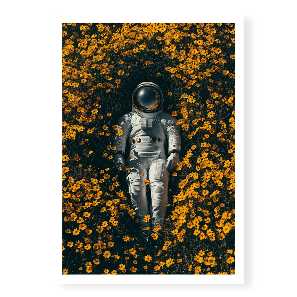 Top-down view of an astronaut in a white space suit lying on their back surrounded by a dense field of yellow flowers, art print titled Summer of 69