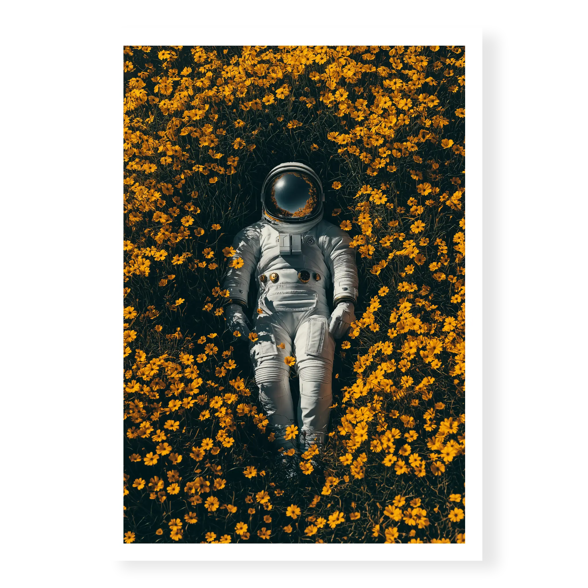 Top-down view of an astronaut in a white space suit lying on their back surrounded by a dense field of yellow flowers, art print titled Summer of 69