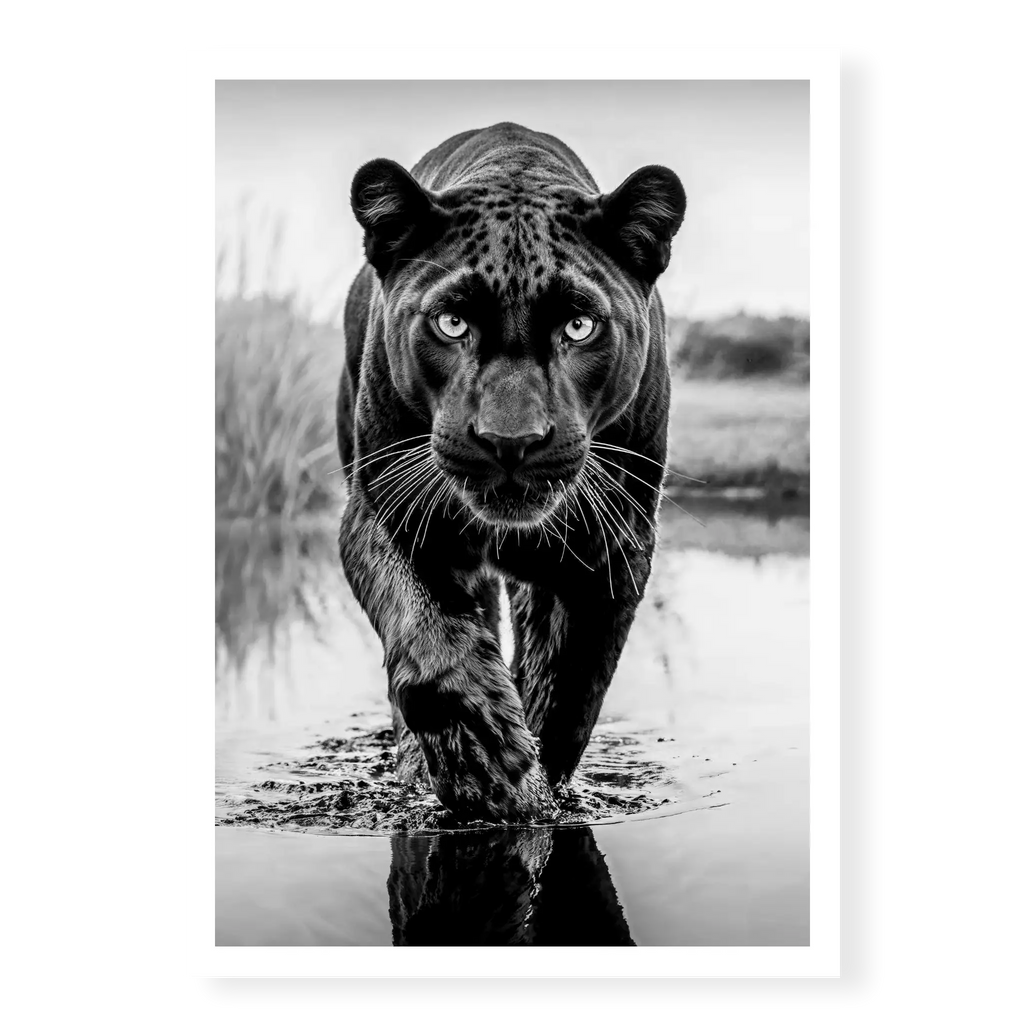 Low-angle full body view of a black panther walking towards the camera in water with one paw raised and reflection visible, black and white art print titled T'Challa