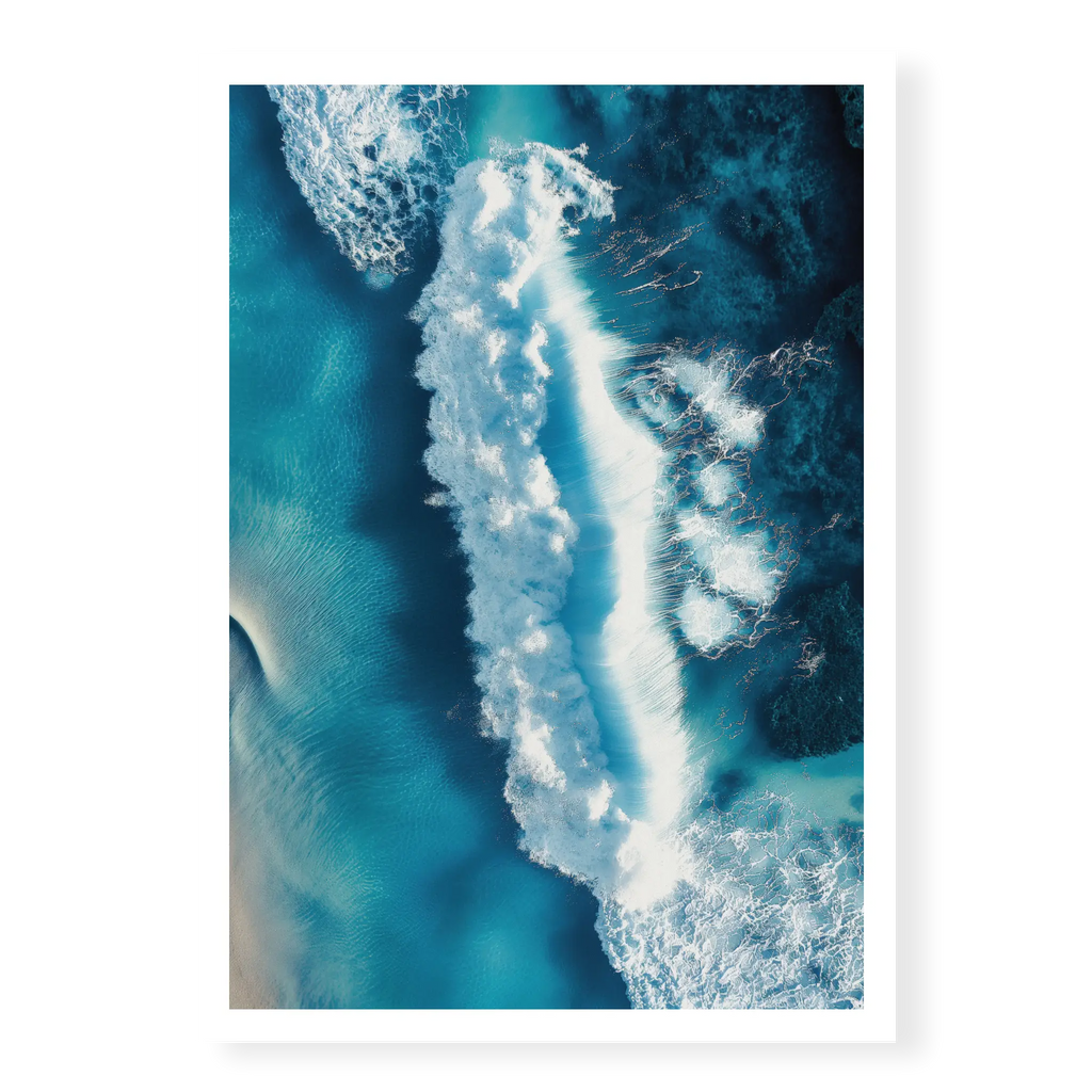Aerial top-down view of a large white wave crashing in deep blue and turquoise ocean water with visible foam texture, art print titled Terra Mater