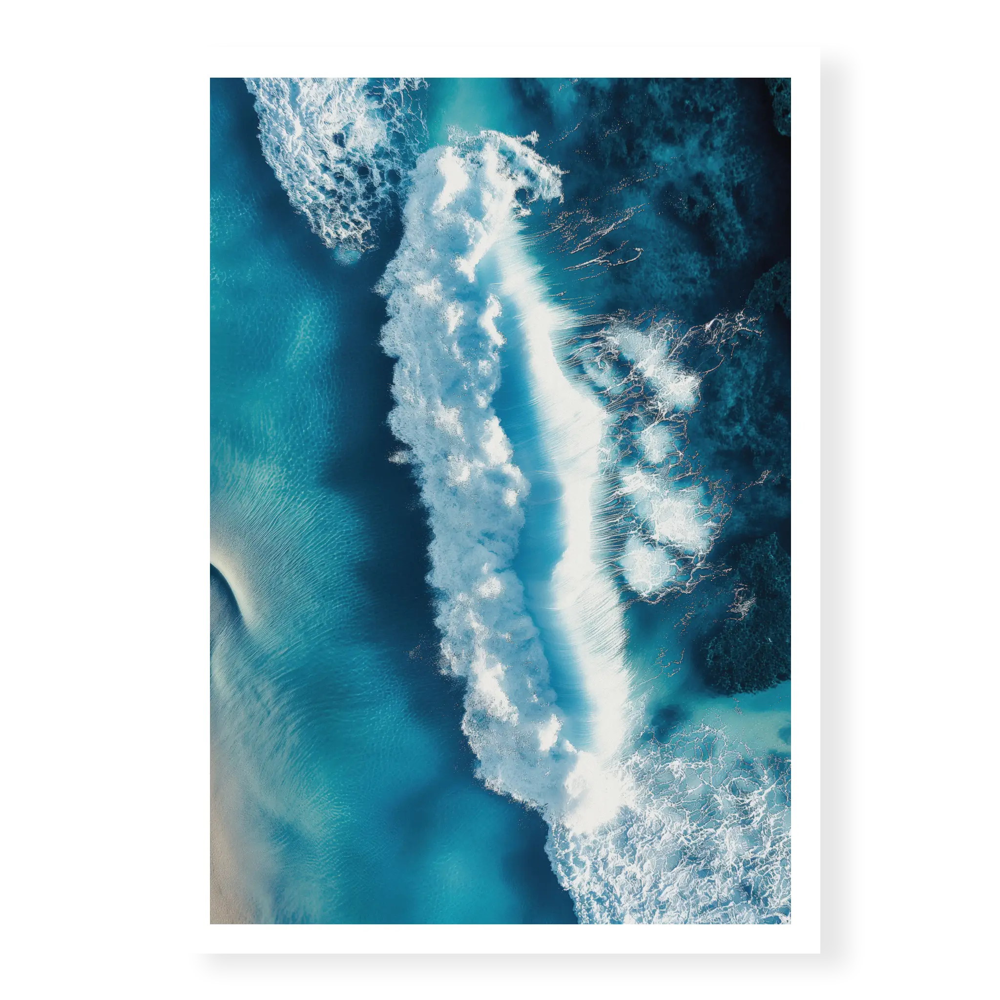Aerial top-down view of a large white wave crashing in deep blue and turquoise ocean water with visible foam texture, art print titled Terra Mater