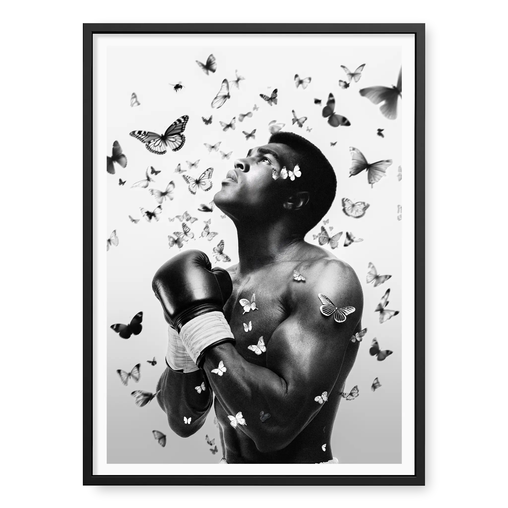 Side profile portrait of Muhammad Ali looking upwards with boxing gloves raised, surrounded by a swarm of flying butterflies, black and white art print titled The Greatest in black frame