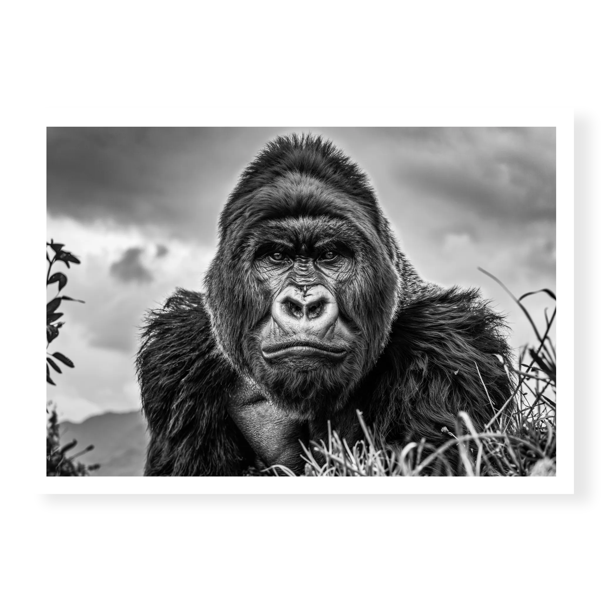 Close-up front-facing portrait of a silverback gorilla looking directly at the camera with a serious expression against a cloudy sky, black and white art print titled The King