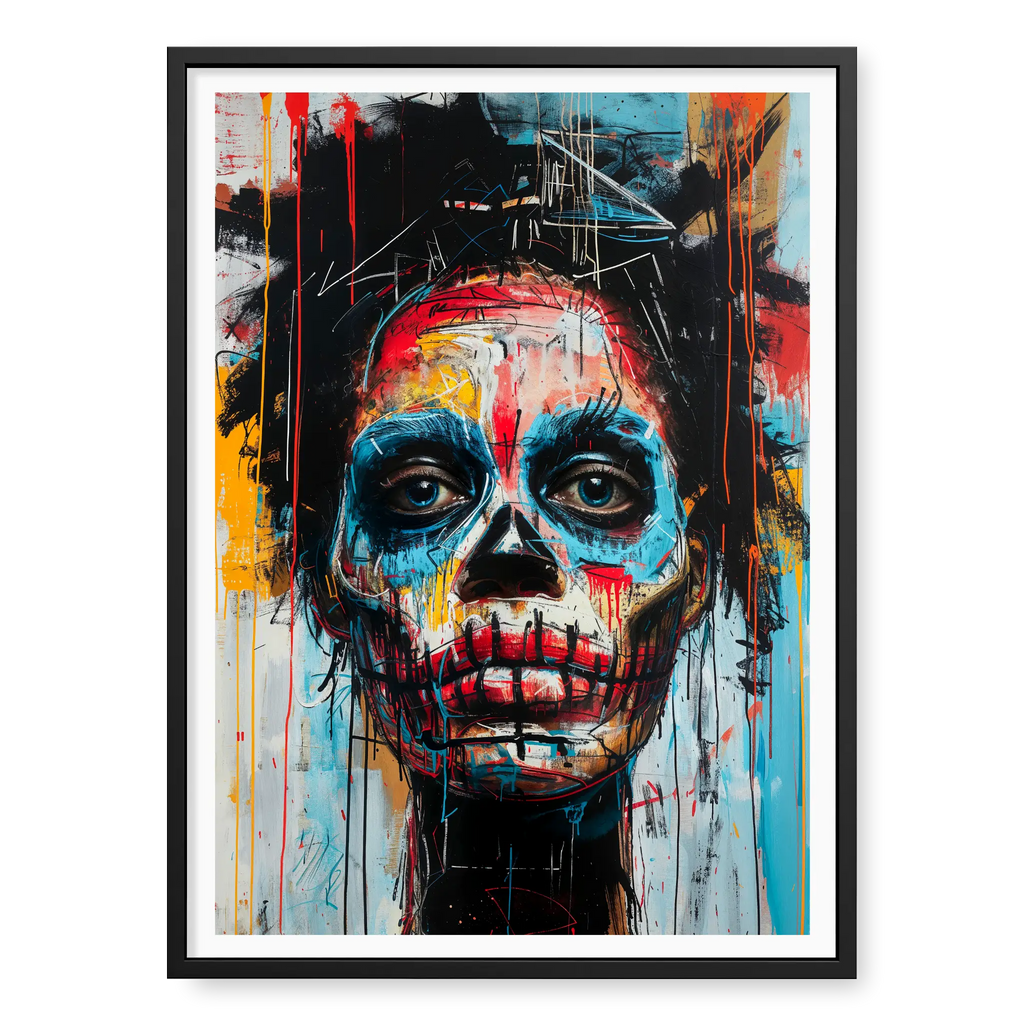 Close-up graffiti-style portrait of a face with skull features, bold red and blue paint drips, and intense blue eyes, art print titled Trapped in black frame