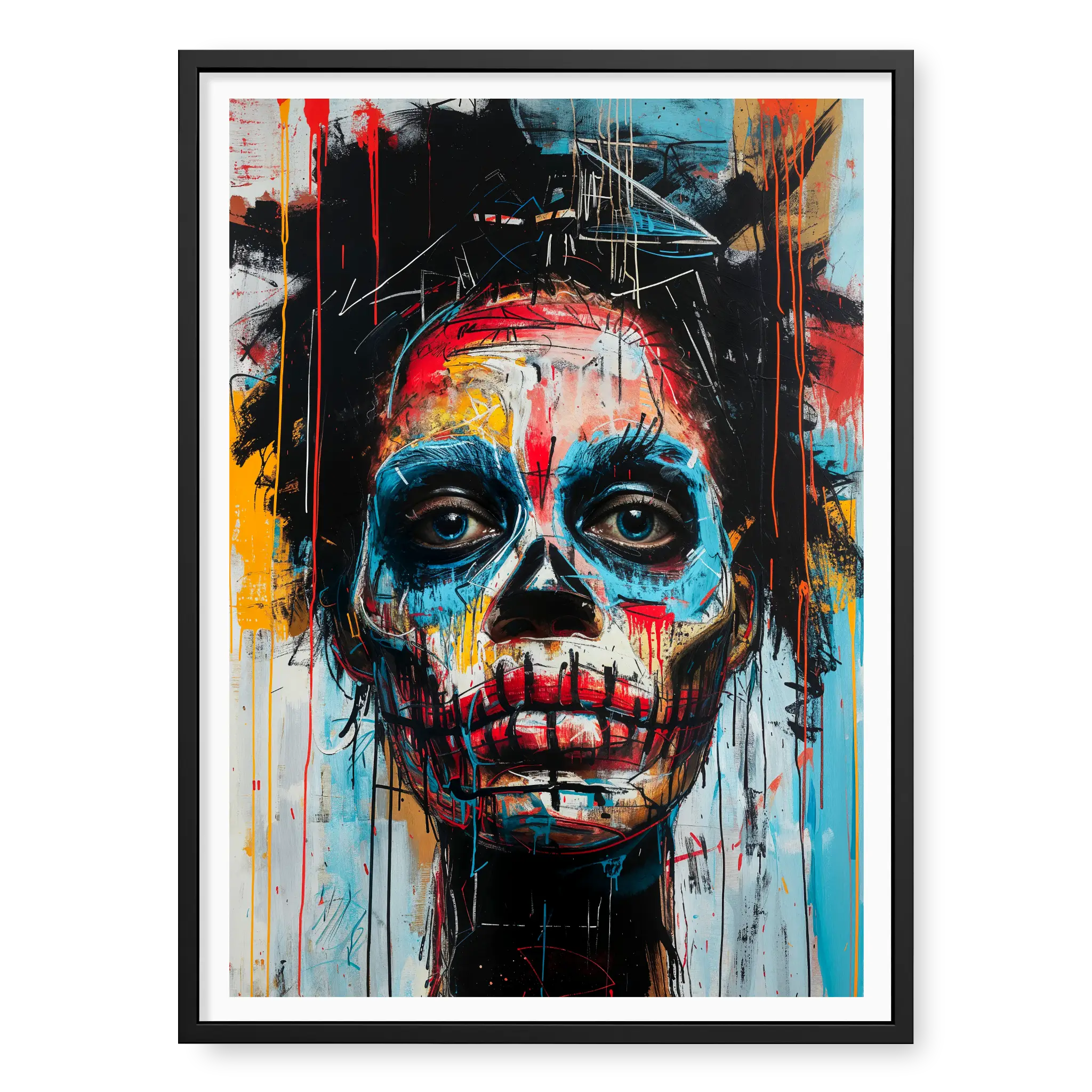 Close-up graffiti-style portrait of a face with skull features, bold red and blue paint drips, and intense blue eyes, art print titled Trapped in black frame