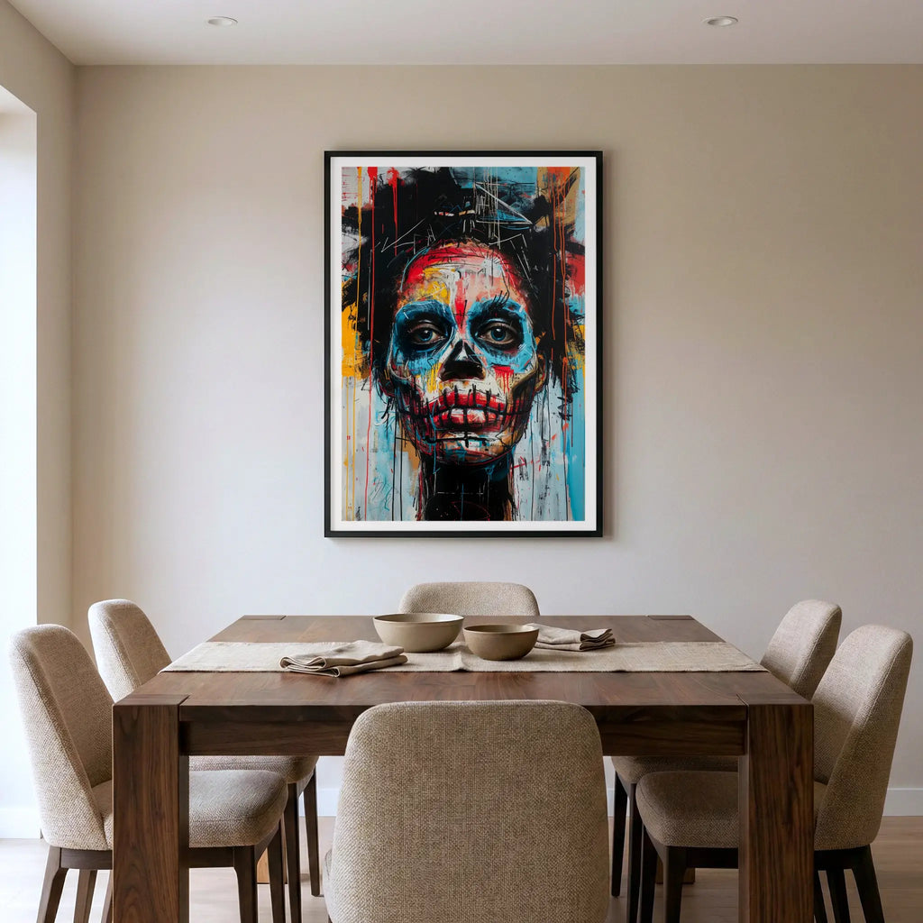 Framed colourful street art print with skull portrait, titled Trapped displayed in dining room