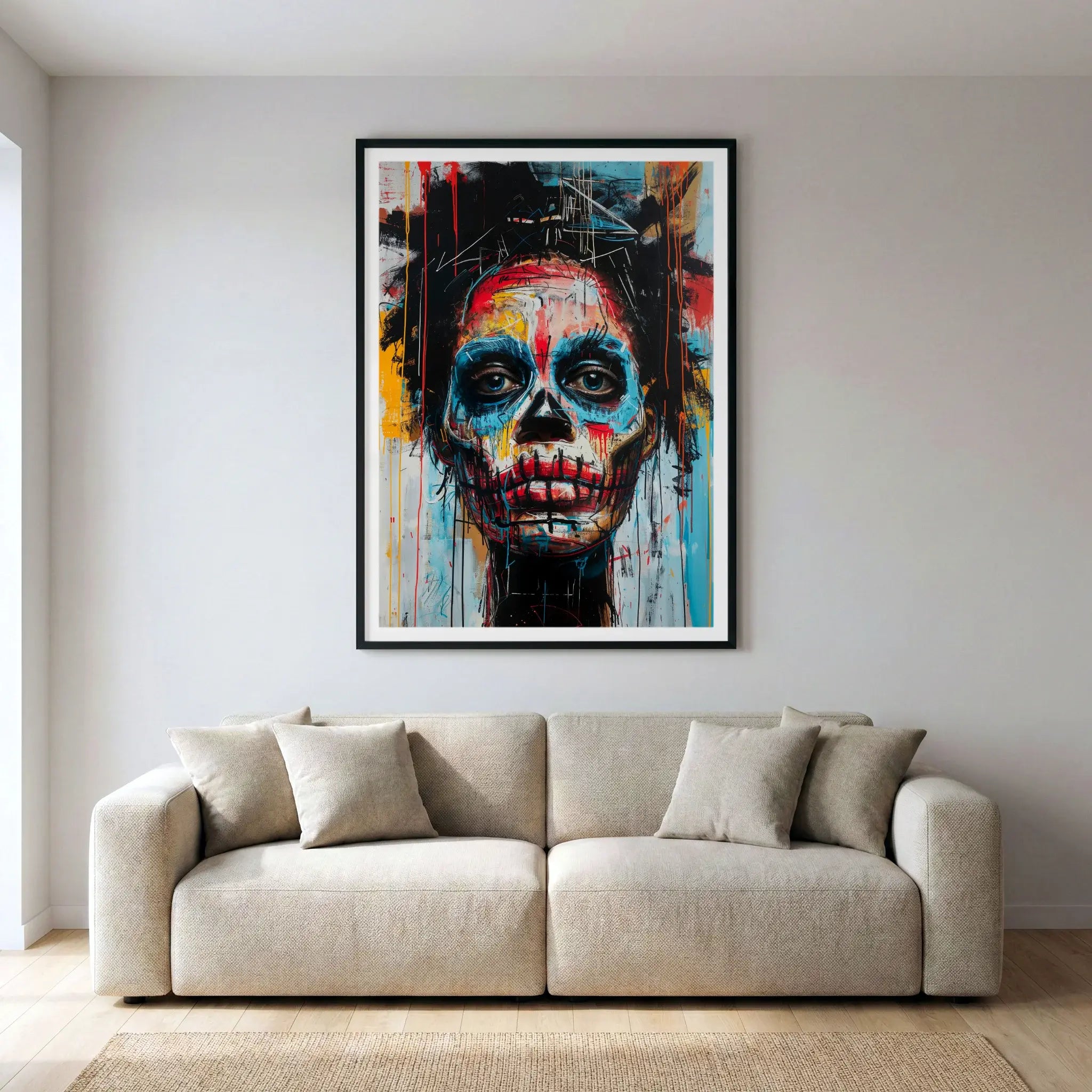 Framed colourful street art print with skull portrait, titled Trapped displayed in living room