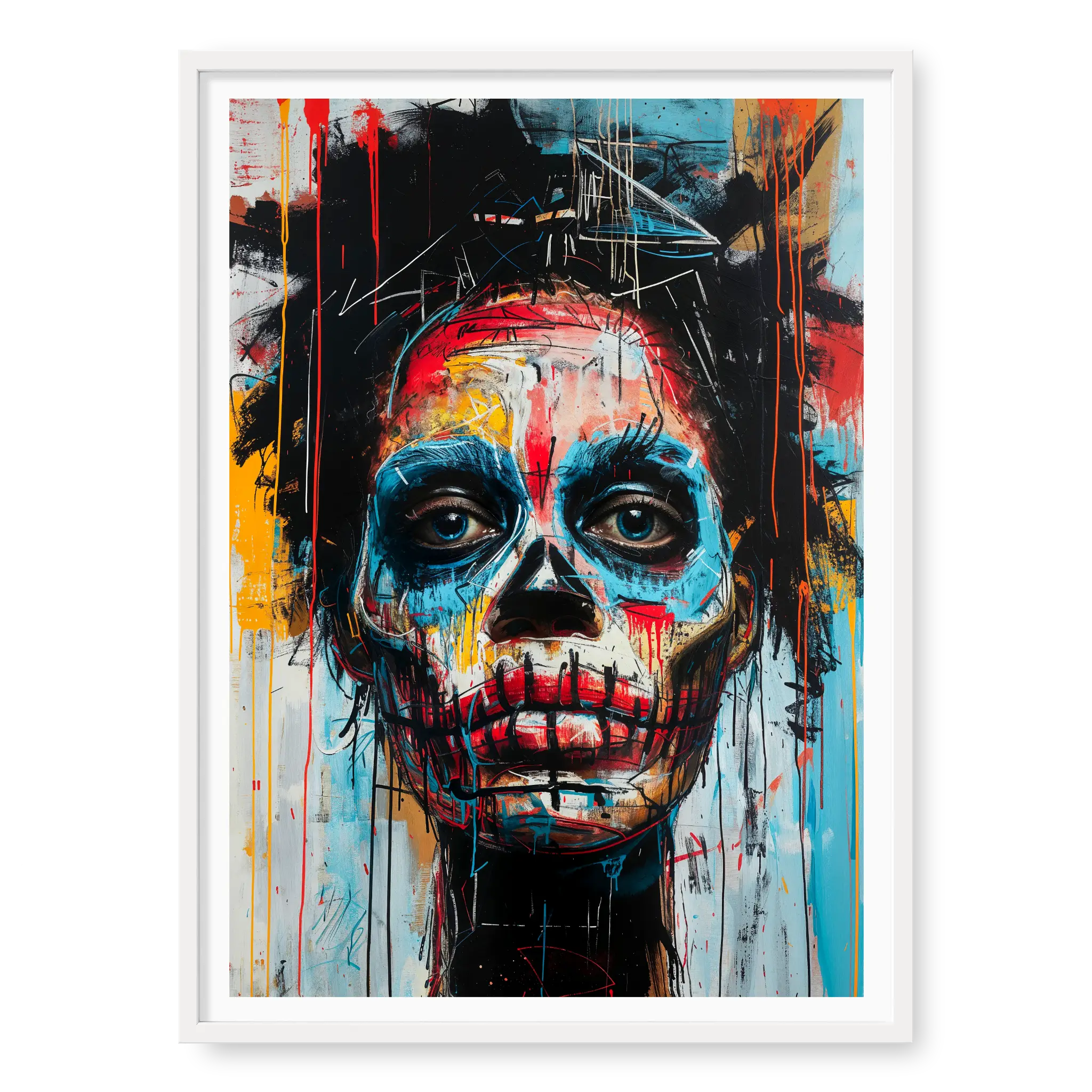 Close-up graffiti-style portrait of a face with skull features, bold red and blue paint drips, and intense blue eyes, art print titled Trapped in white frame