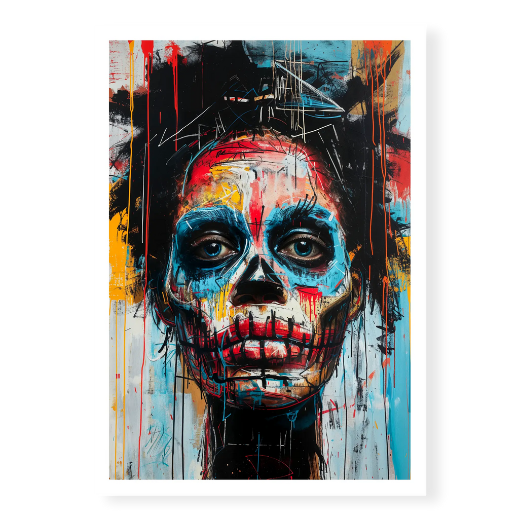 Close-up graffiti-style portrait of a face with skull features, bold red and blue paint drips, and intense blue eyes, art print titled Trapped