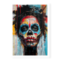 Close-up graffiti-style portrait of a face with skull features, bold red and blue paint drips, and intense blue eyes, art print titled Trapped