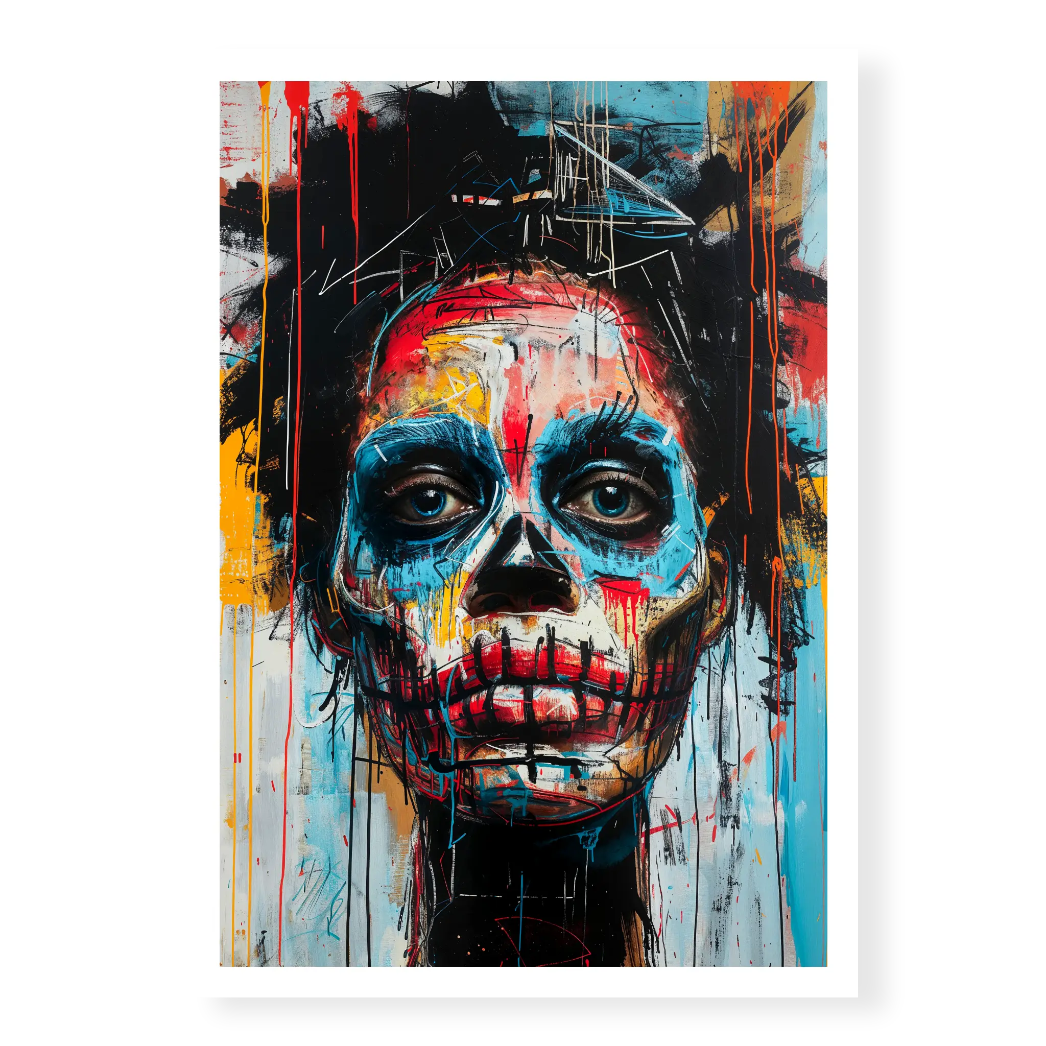 Close-up graffiti-style portrait of a face with skull features, bold red and blue paint drips, and intense blue eyes, art print titled Trapped