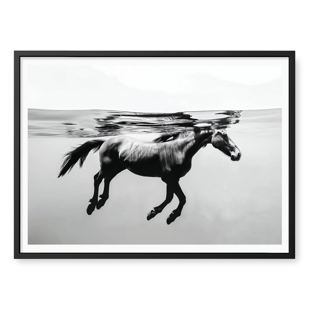 Side profile view of a horse swimming completely submerged underwater with reflection on the surface, black and white art print titled Ukiyo in black frame