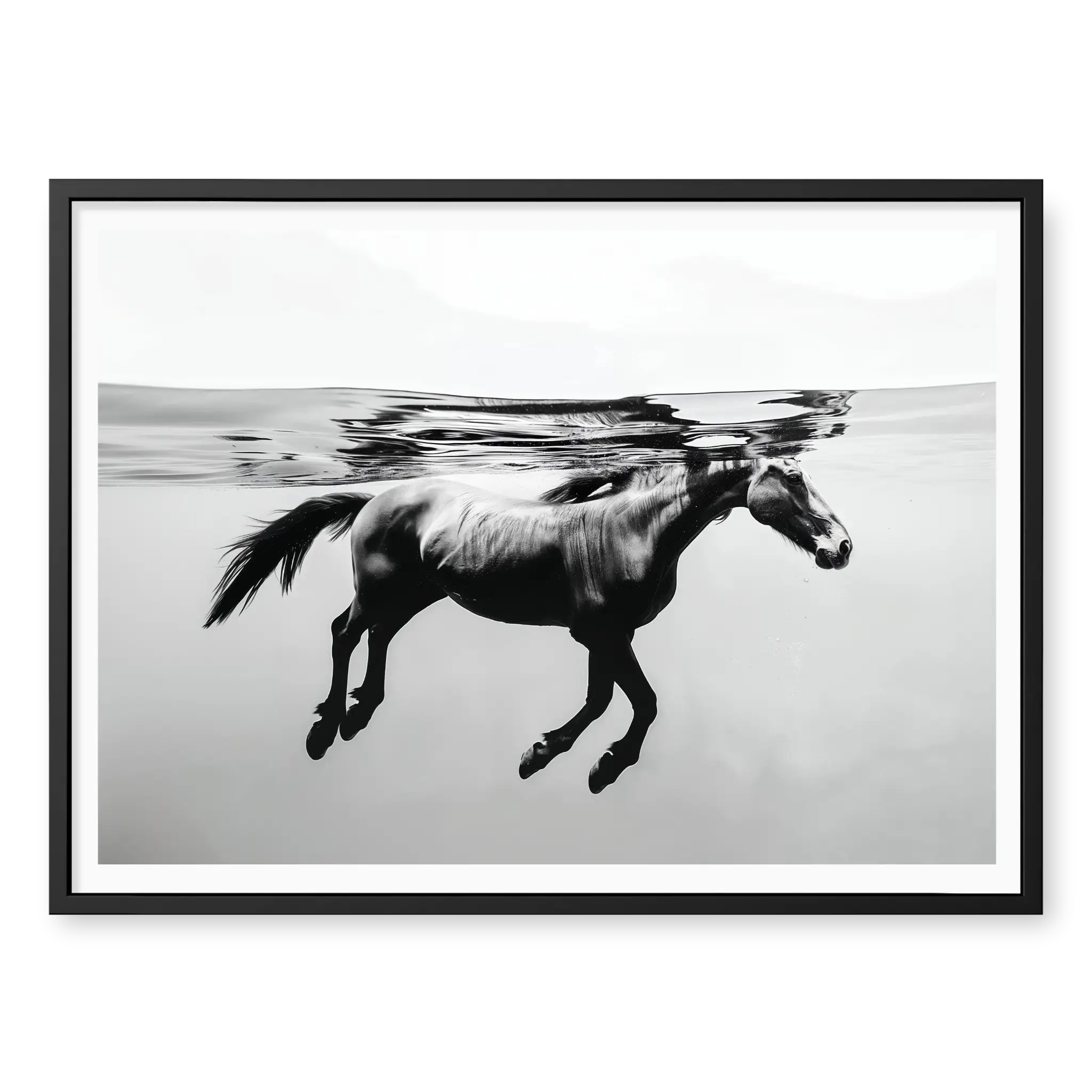 Side profile view of a horse swimming completely submerged underwater with reflection on the surface, black and white art print titled Ukiyo in black frame
