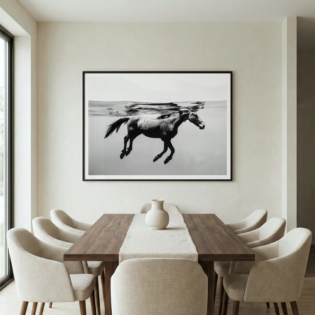 Framed black and white equine art print with underwater horse, titled Ukiyo displayed in dining room