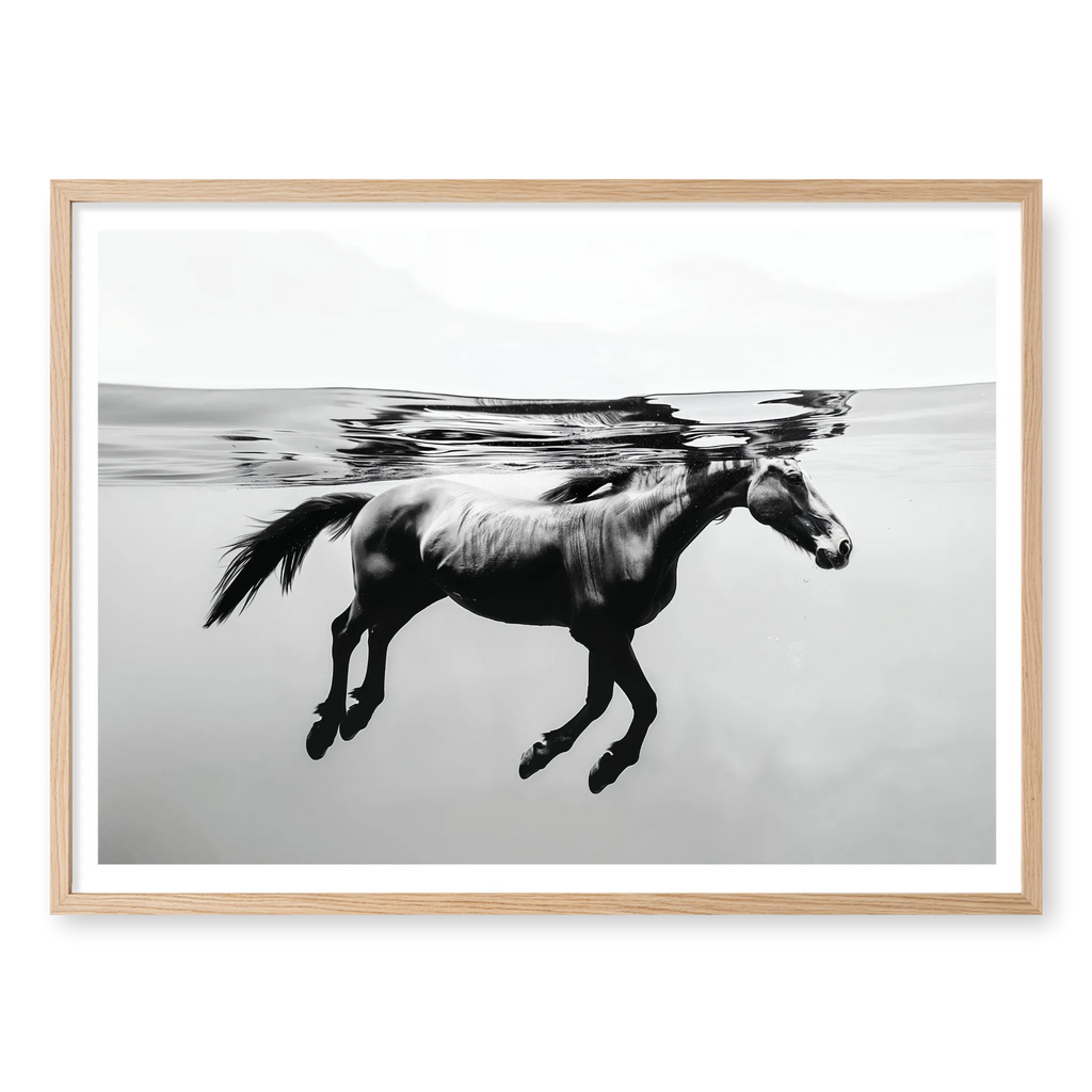 Side profile view of a horse swimming completely submerged underwater with reflection on the surface, black and white art print titled Ukiyo in natural oak frame