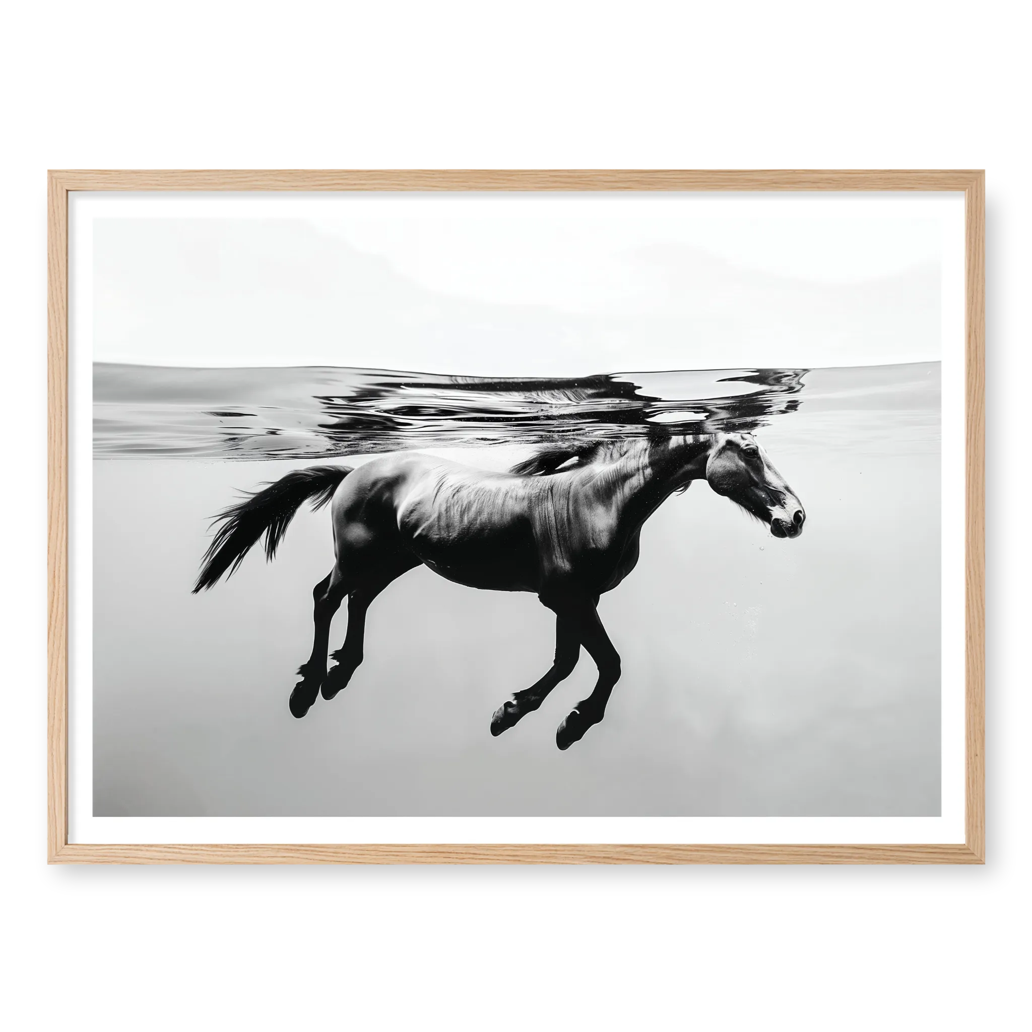 Side profile view of a horse swimming completely submerged underwater with reflection on the surface, black and white art print titled Ukiyo in natural oak frame