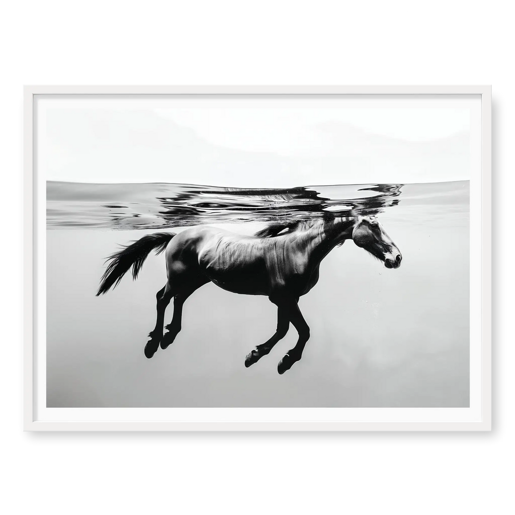 Side profile view of a horse swimming completely submerged underwater with reflection on the surface, black and white art print titled Ukiyo in white frame