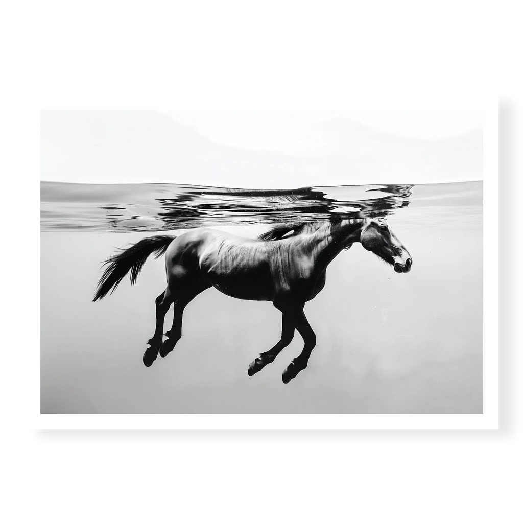Side profile view of a horse swimming completely submerged underwater with reflection on the surface, black and white art print titled Ukiyo