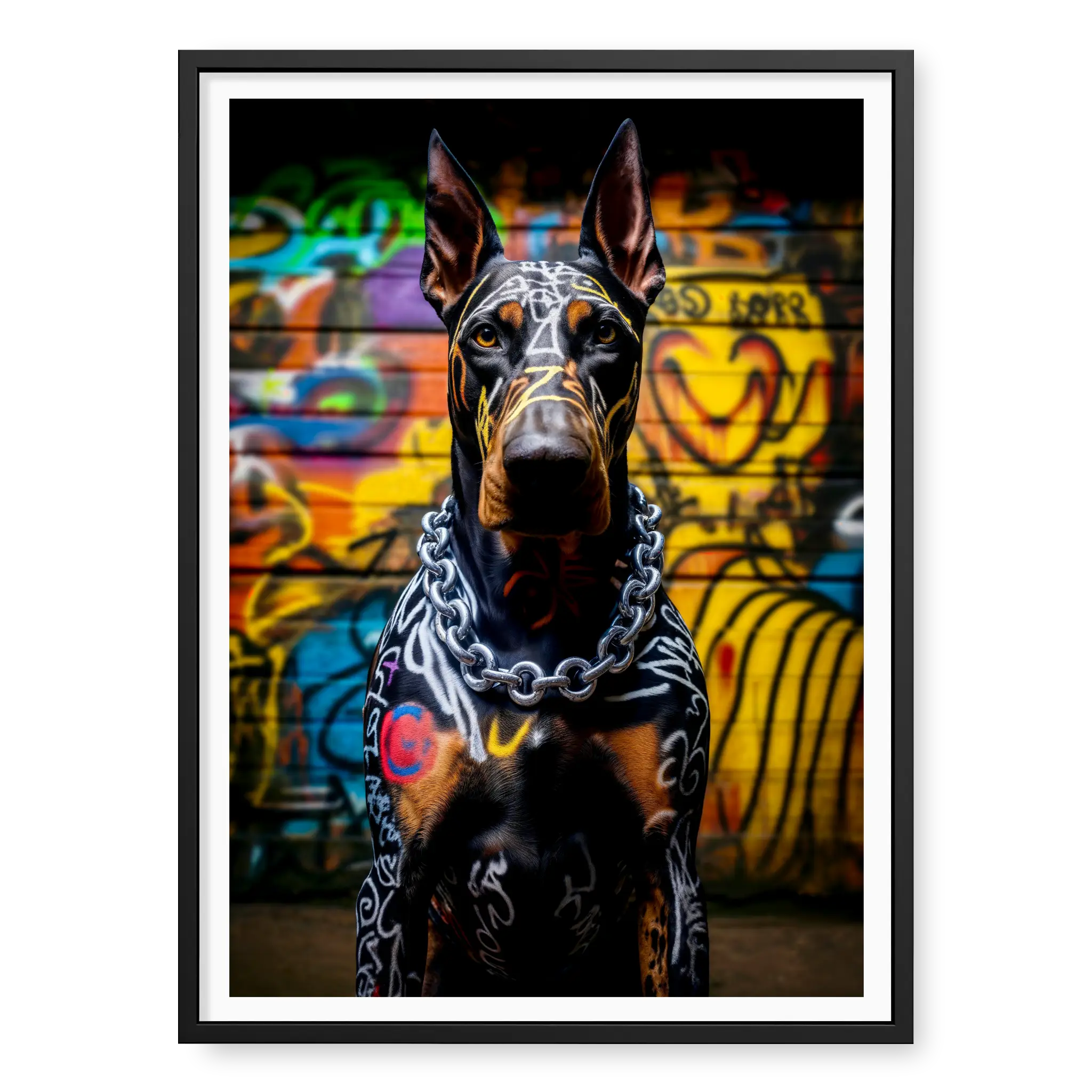 Front-facing portrait of a Doberman dog with white graffiti markings on its fur and a thick silver chain necklace, set against a colourful graffiti wall, art print titled Urban Guardian in black frame