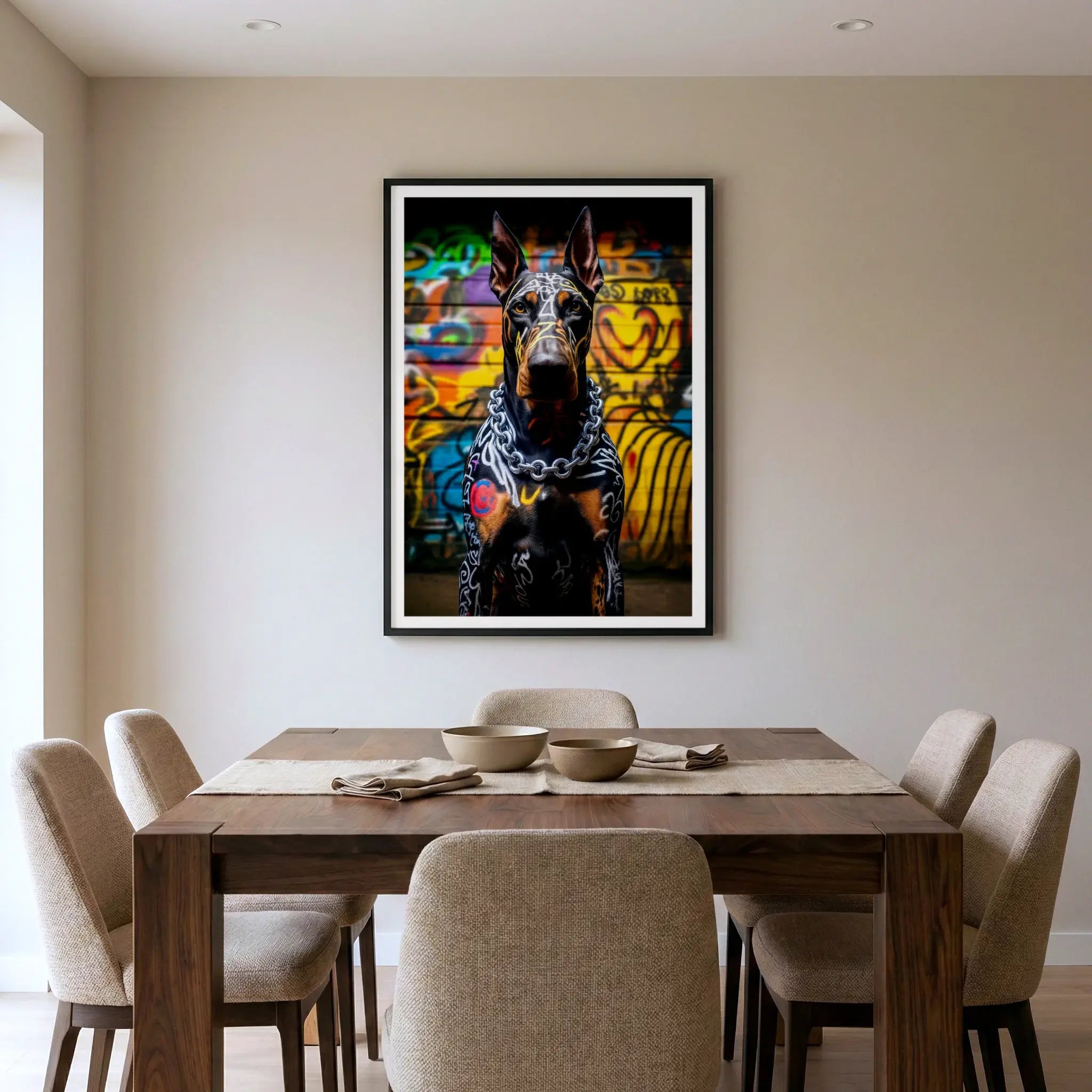 Framed colourful graffiti art print with Doberman portrait, titled Urban Guardian displayed in dining room