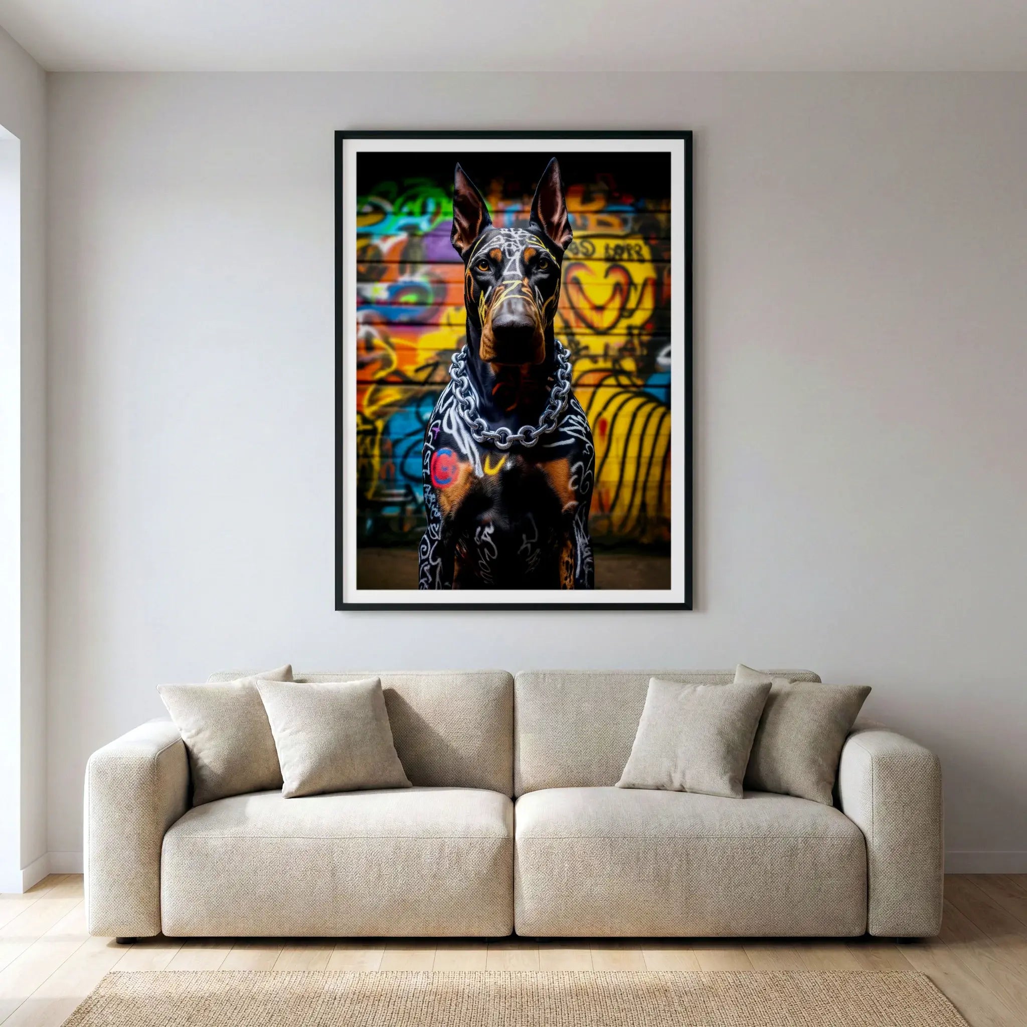 Framed colourful graffiti art print with Doberman portrait, titled Urban Guardian displayed in living room