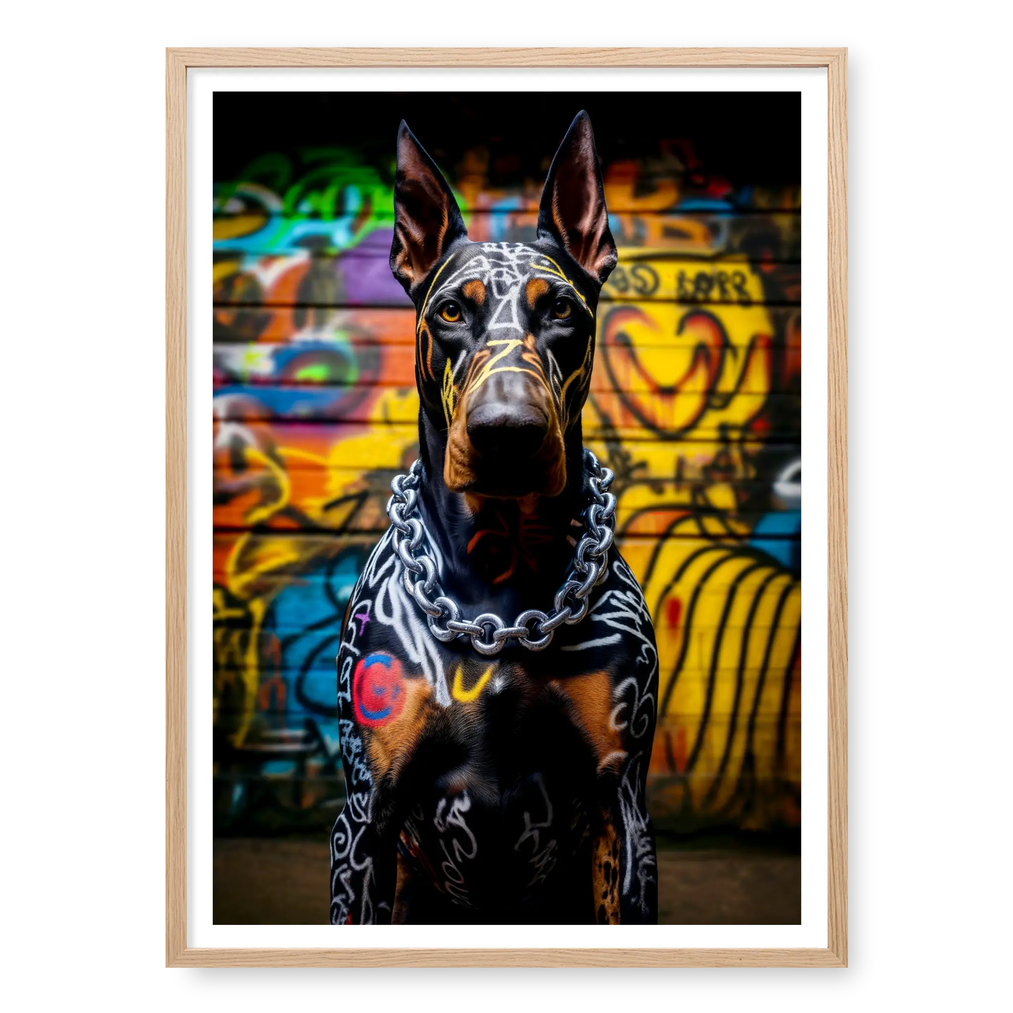 Front-facing portrait of a Doberman dog with white graffiti markings on its fur and a thick silver chain necklace, set against a colourful graffiti wall, art print titled Urban Guardian in natural oak frame