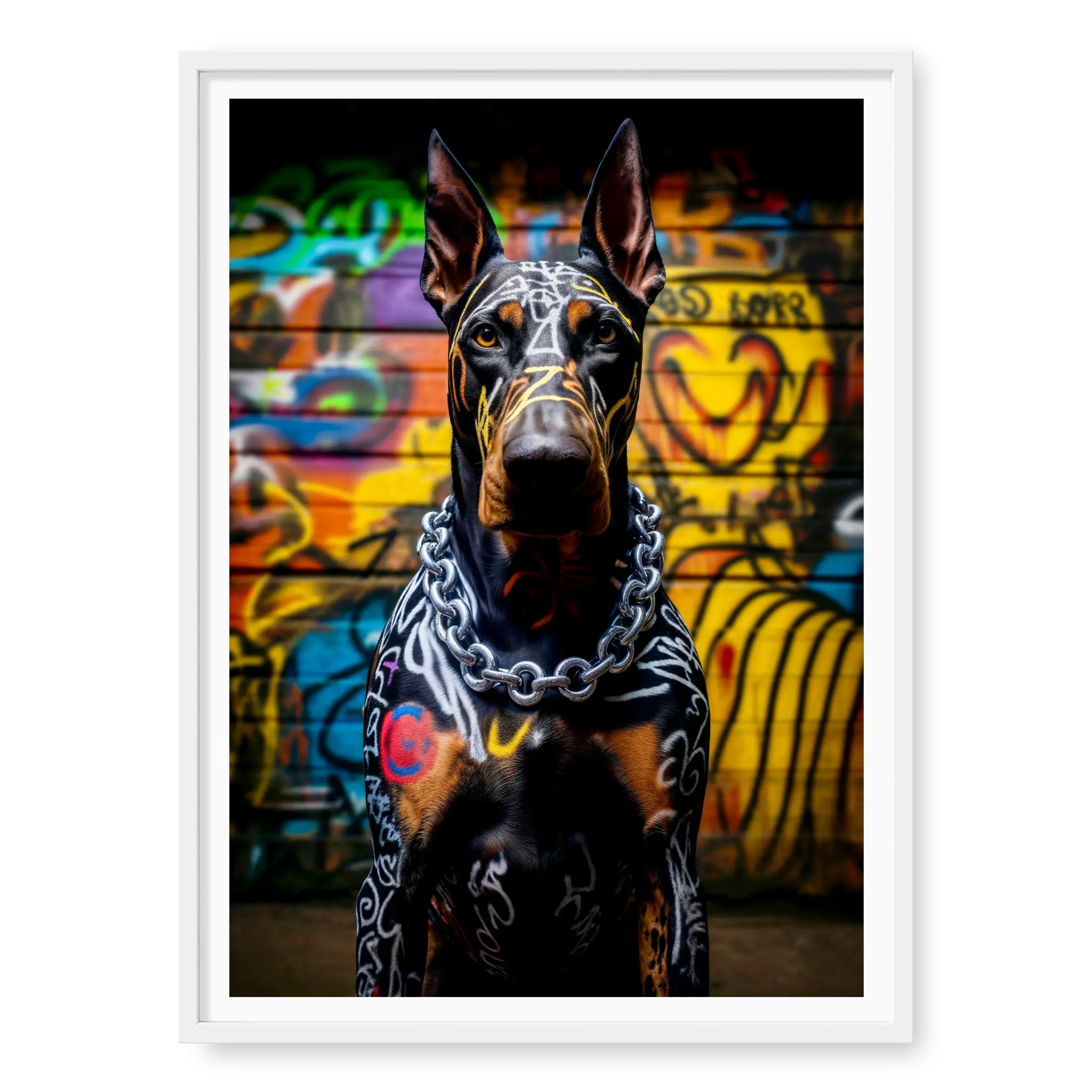 Front-facing portrait of a Doberman dog with white graffiti markings on its fur and a thick silver chain necklace, set against a colourful graffiti wall, art print titled Urban Guardian in white frame