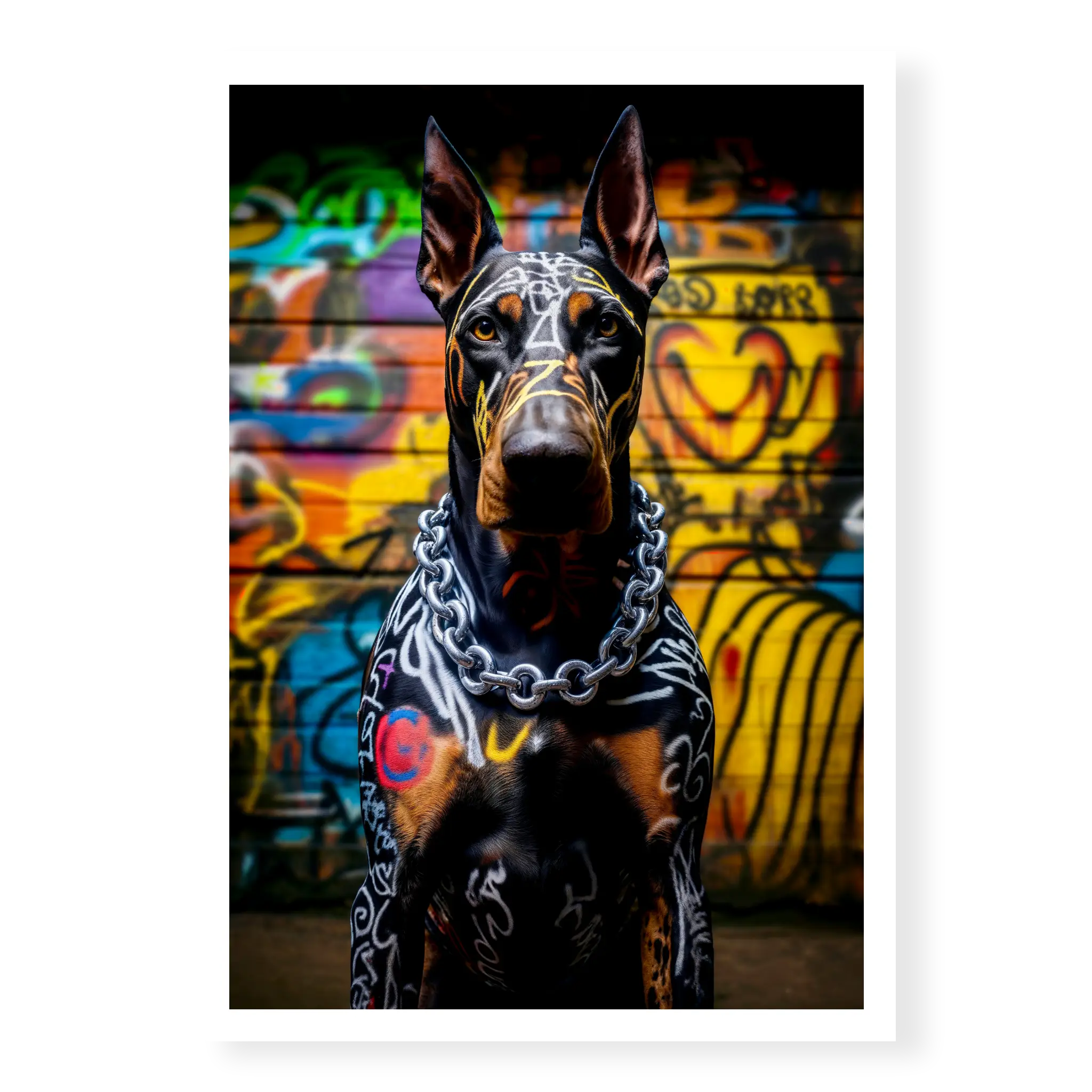 Front-facing portrait of a Doberman dog with white graffiti markings on its fur and a thick silver chain necklace, set against a colourful graffiti wall, art print titled Urban Guardian