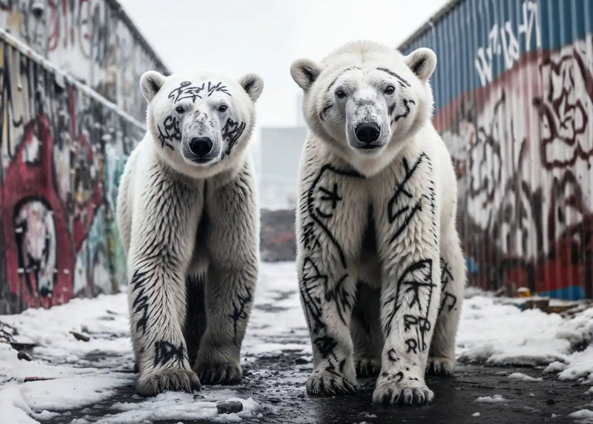 Two polar bears marked with graffiti walking through a snowy alley with graffiti-covered walls, shown in a black frame.