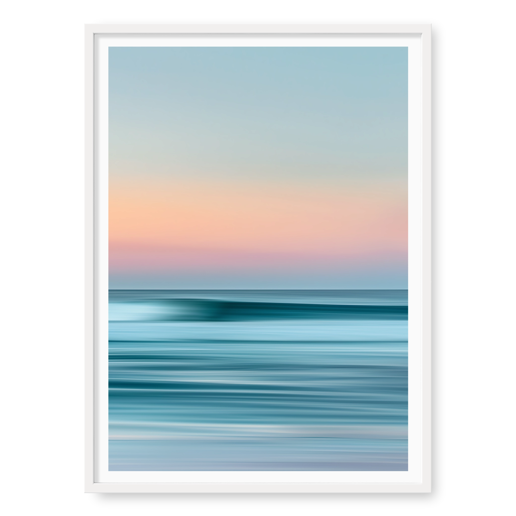 Abstract long-exposure seascape with blurred horizontal lines of teal water and pink sunset sky, art print titled Utopia in white frame
