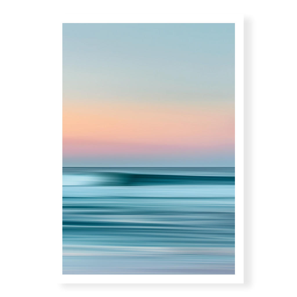Abstract long-exposure seascape with blurred horizontal lines of teal water and pink sunset sky, art print titled Utopia
