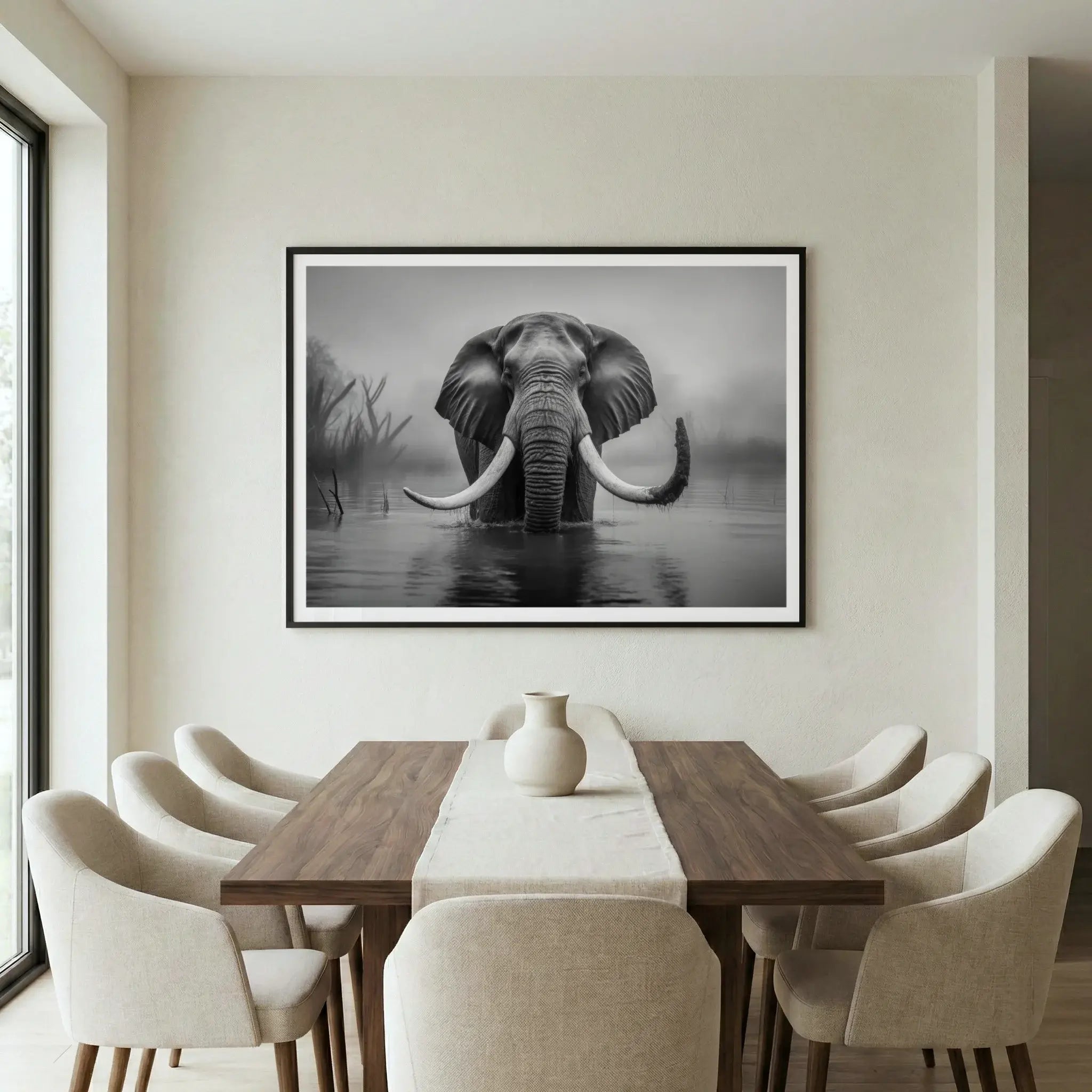Framed black and white wildlife art print with elephant in river, titled Wanderer displayed in dining room