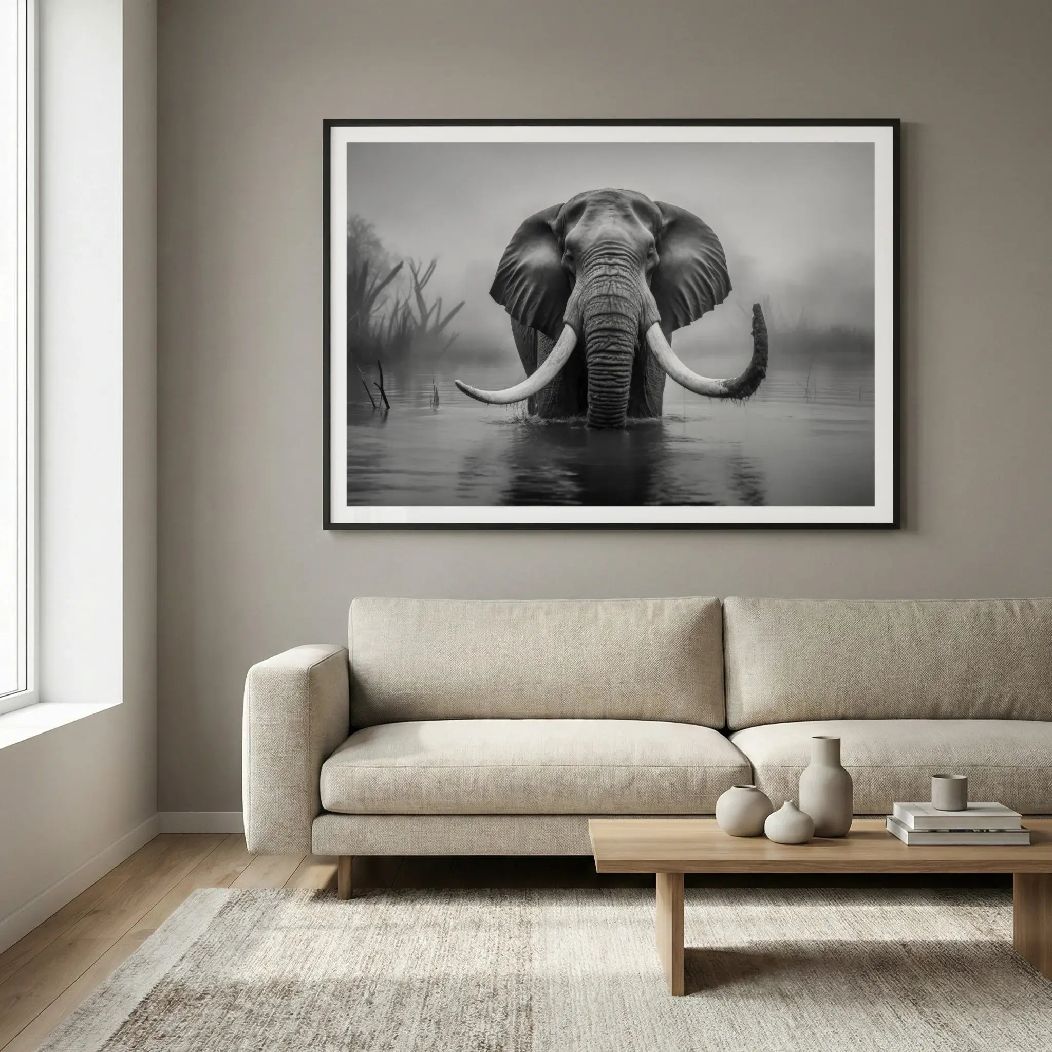Framed black and white wildlife art print with elephant in river, titled Wanderer displayed in living room
