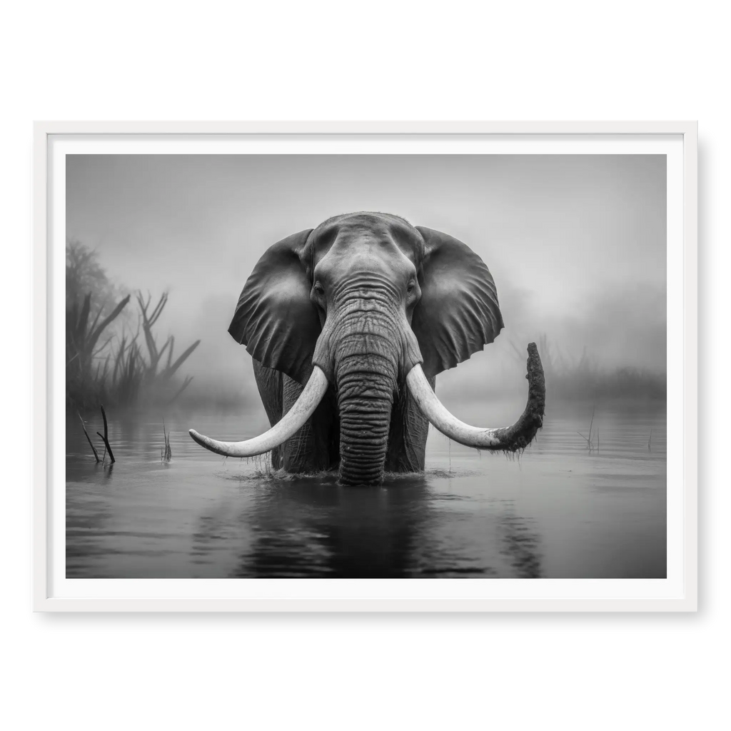 Front-facing full shot of a large bull elephant with massive tusks wading through a calm river in the mist, black and white art print titled Wanderer in white frame
