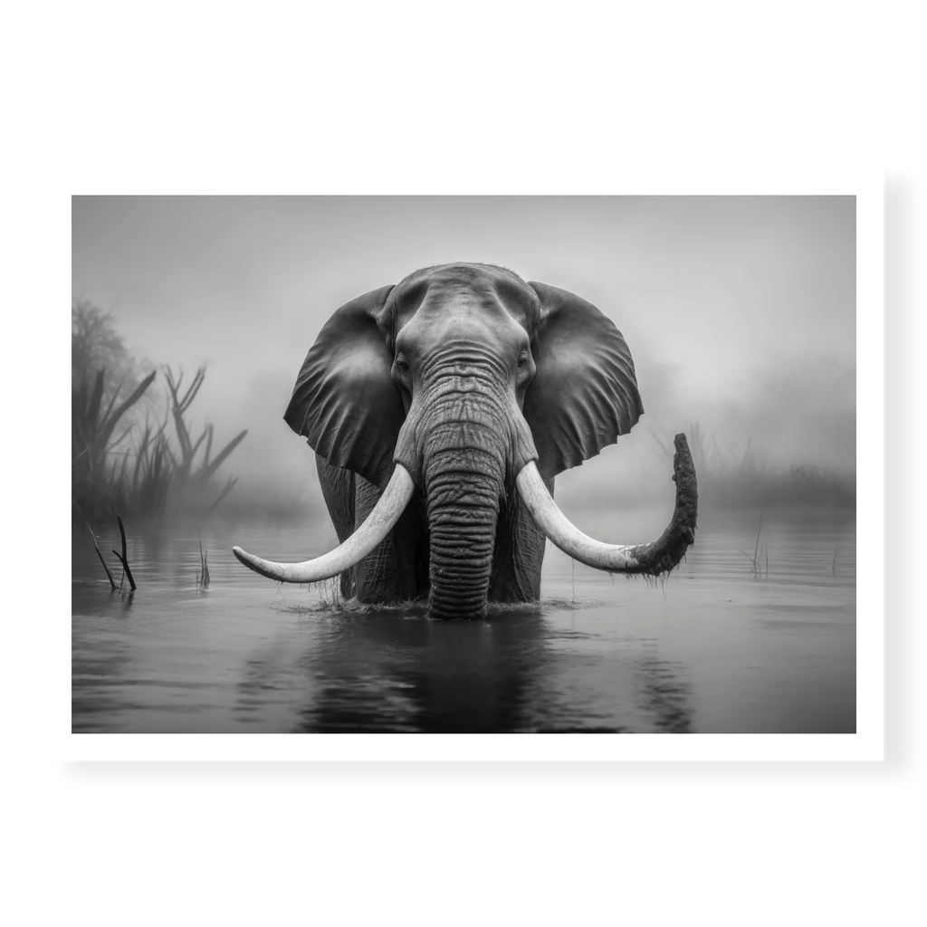 Front-facing full shot of a large bull elephant with massive tusks wading through a calm river in the mist, black and white art print titled Wanderer
