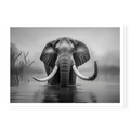 Front-facing full shot of a large bull elephant with massive tusks wading through a calm river in the mist, black and white art print titled Wanderer