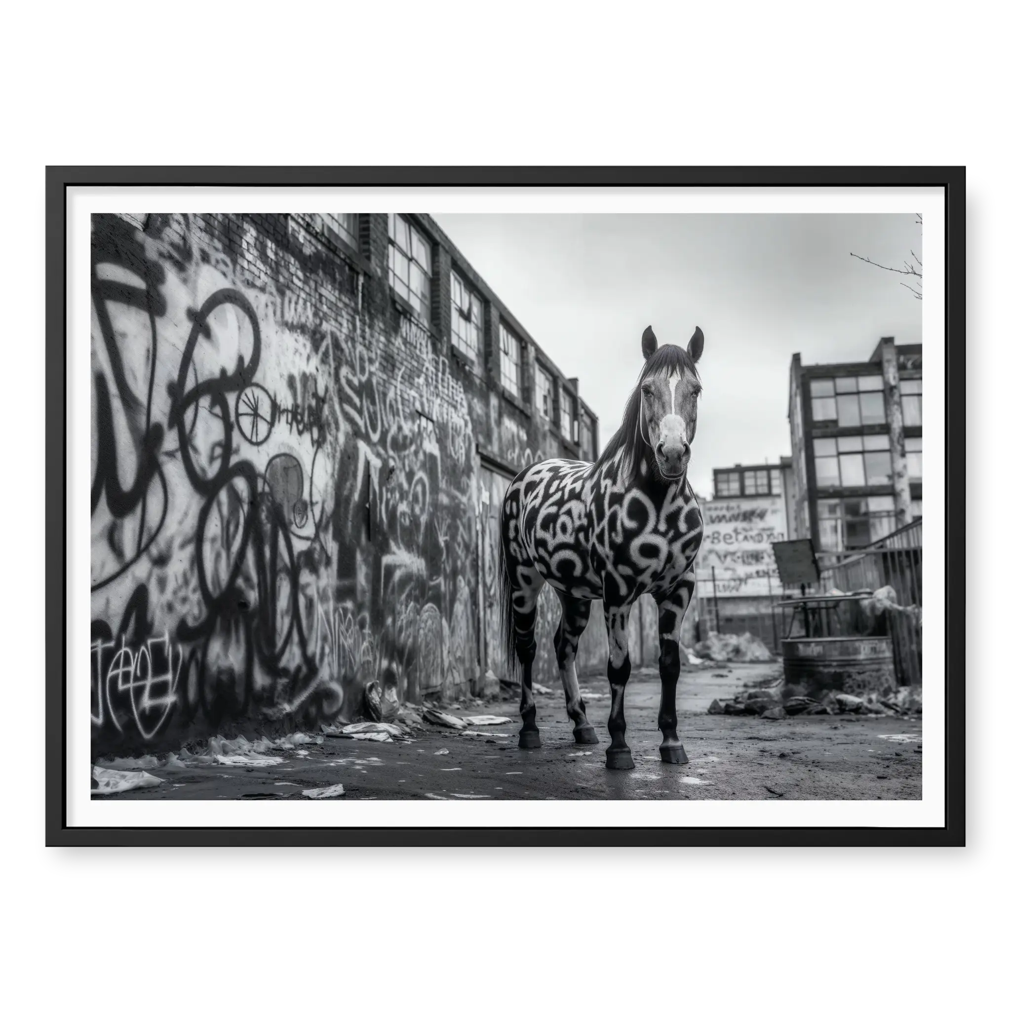 Full body shot of a horse with graffiti patterns painted on its coat standing in a gritty urban alleyway covered in street art, black and white art print titled Wild West in black frame