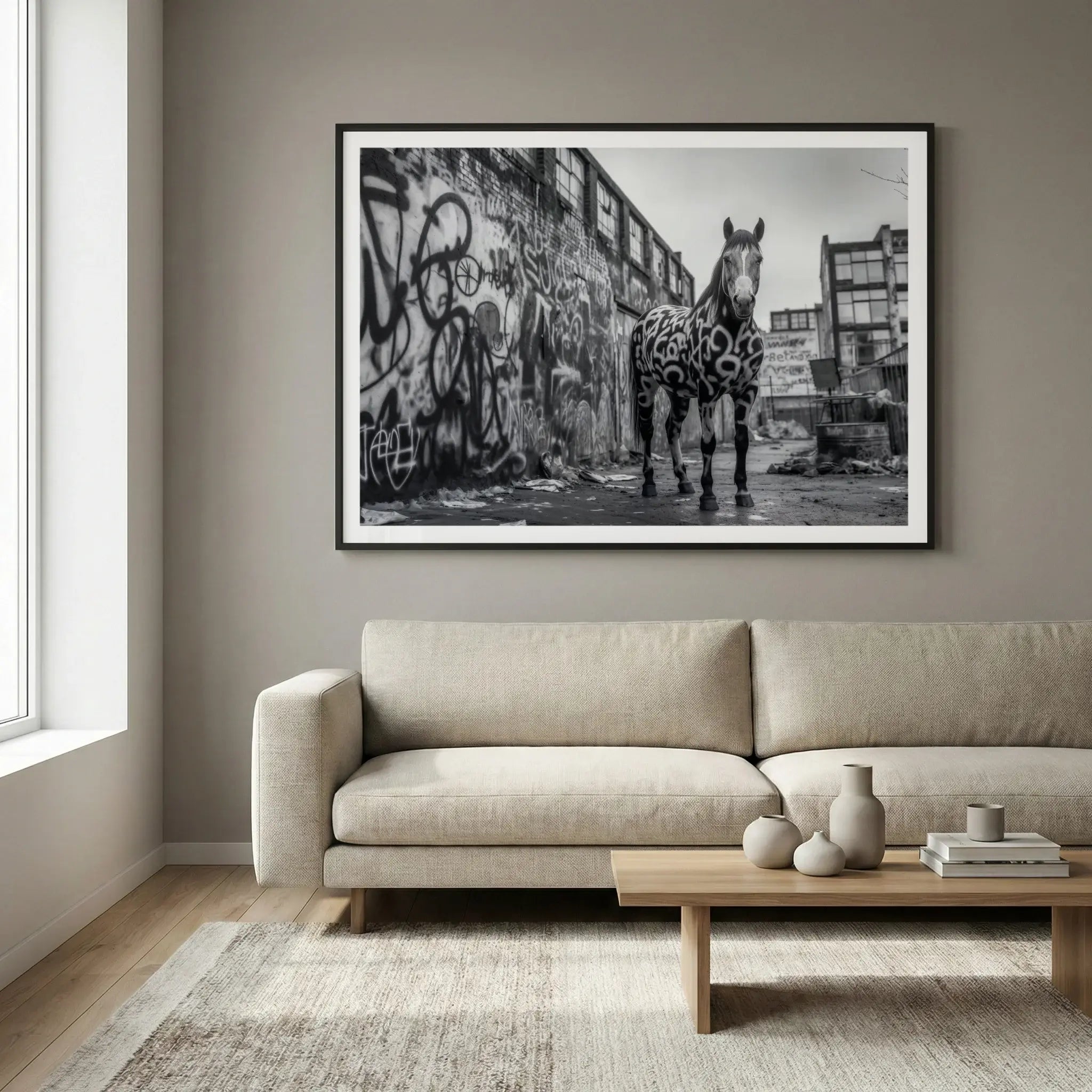 Framed urban street art print with graffiti horse, titled Wild West displayed in living room